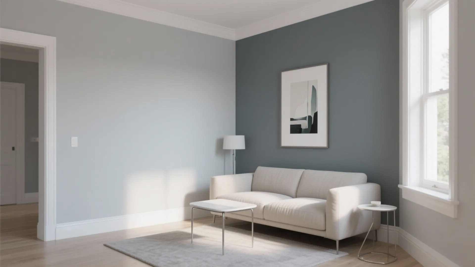 Modern living room with grey walls white sofa coffee table floor lamp and framed wall art