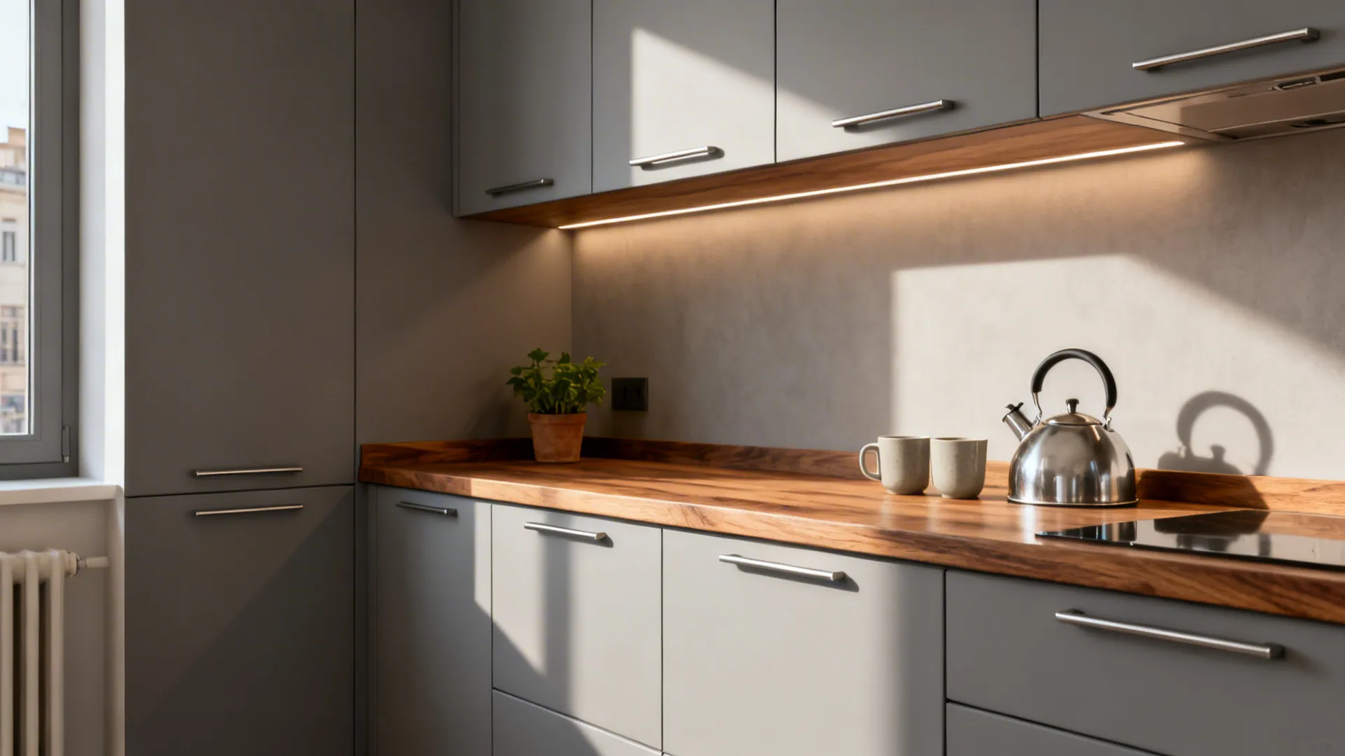 Soft-grey matte cabinets with oiled walnut countertops and under-cabinet lighting.