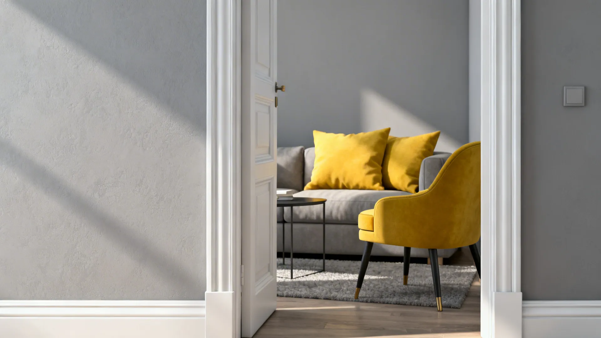Small living area with soft grey walls, white trim and yellow accent chair and cushions