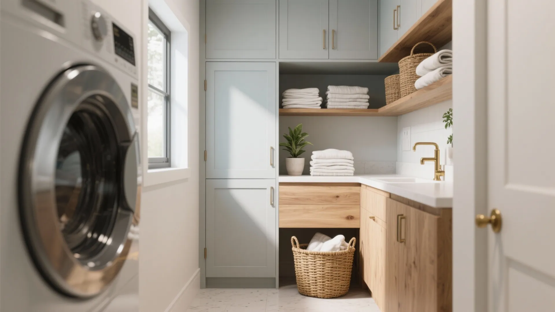 1. Soft Greys with Warm Wood Accents