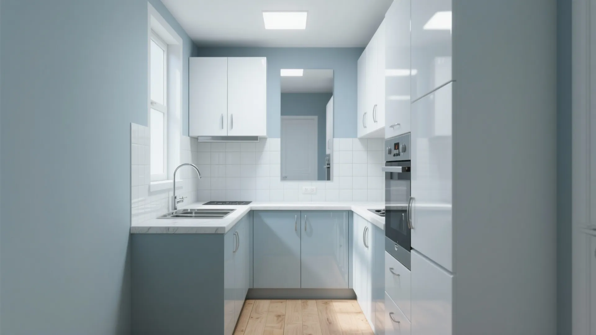 5. Soft grey-blue walls with reflective surfaces