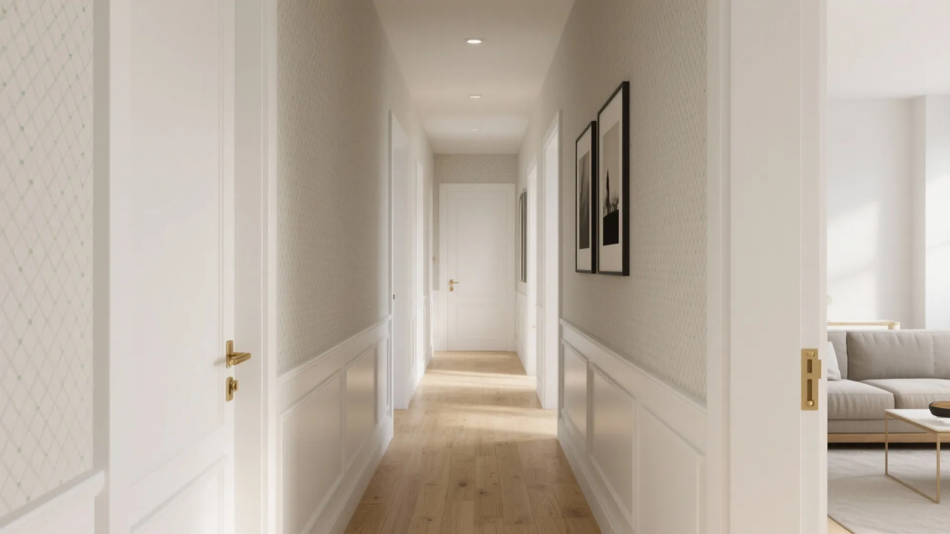 Long narrow hallway with white wall panel design wood floors and small black framed pictures