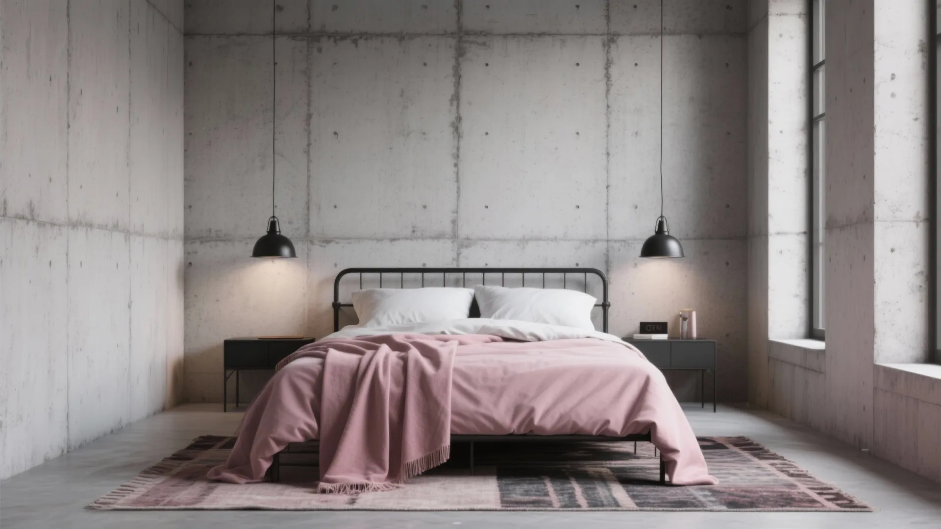 3. Soft Industrial: Concrete, Black Metal, Dusty Rose