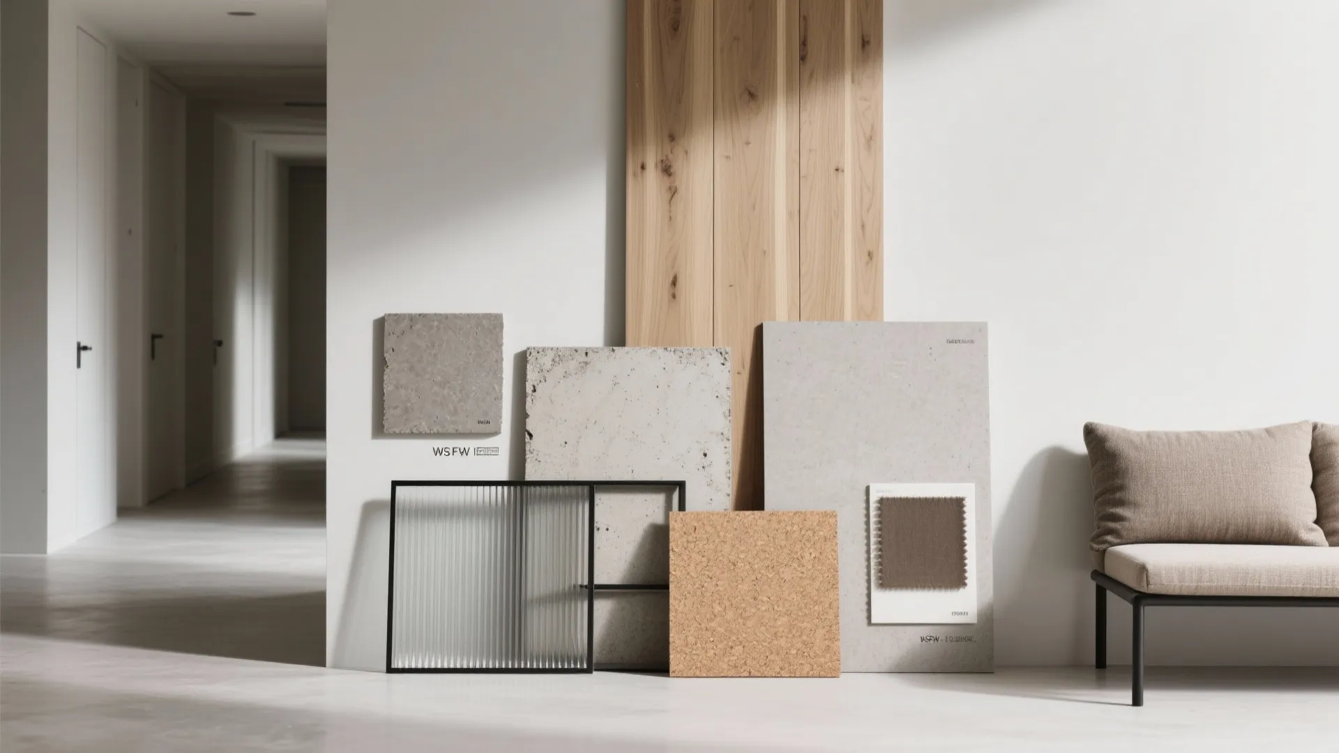 Interior design mood board with wood panels stone samples glass textures and a beige sofa