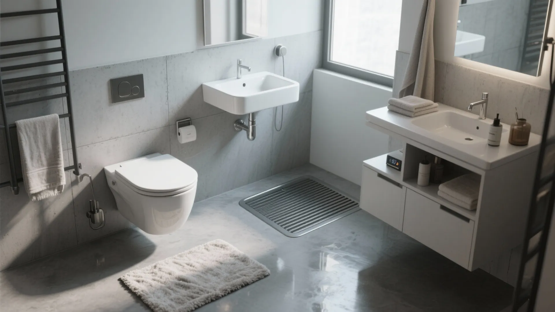 4. Soft Industrial: Concrete Grey Flooring + Crisp White Fixtures