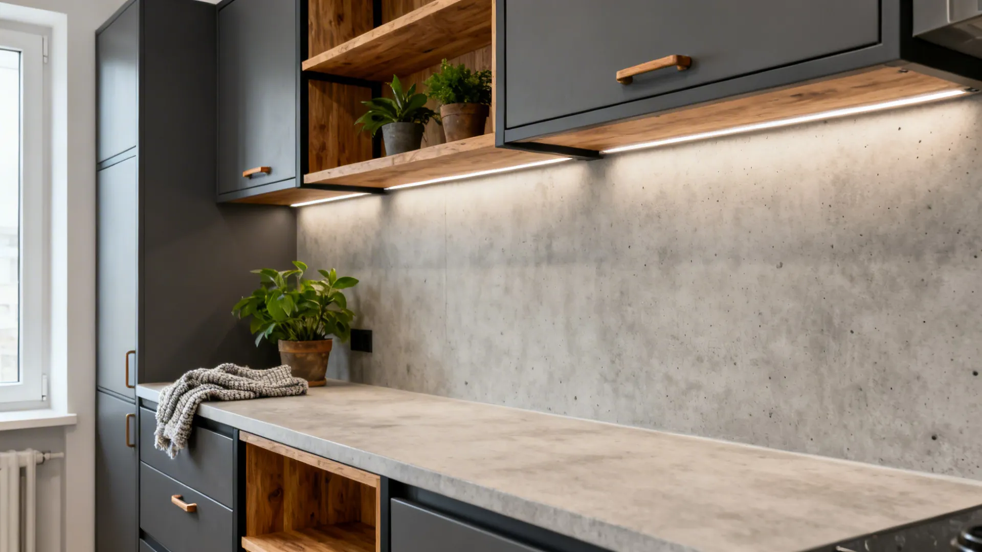 Soft industrial kitchen with concrete-look surfaces, dark grey frames, and warm oak shelving.