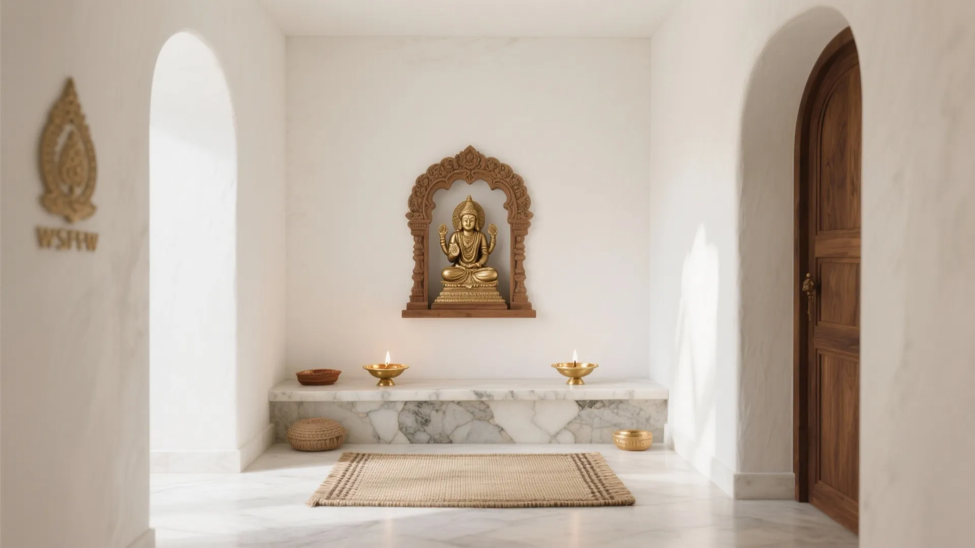 Minimalist prayer room with white walls golden statue wooden door marble shelf and floor mat