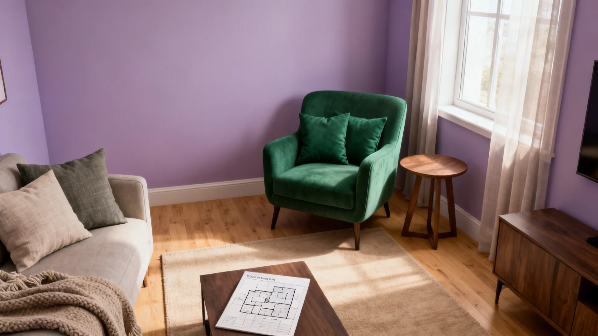 Small living corner with soft lavender walls, an emerald armchair, warm oak accents and plants