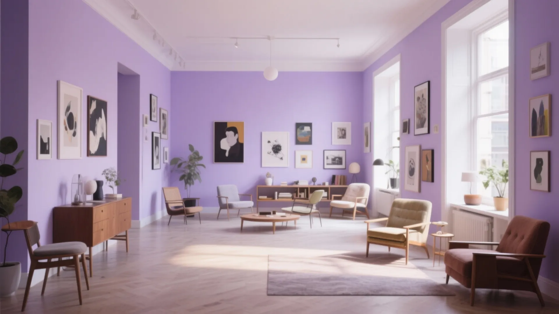 Modern living room featuring purple walls with several framed art pieces and mid century furniture