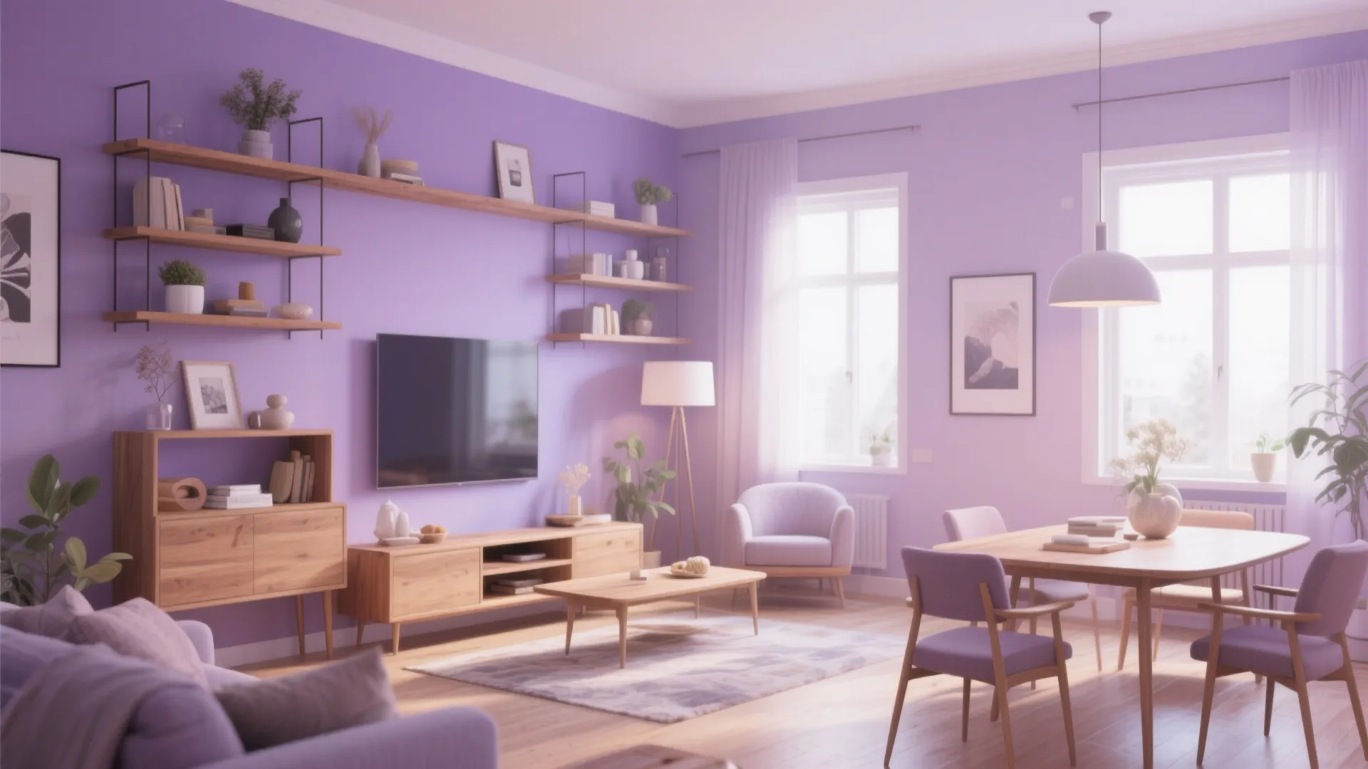 Soft lavender walls with warm oak shelves