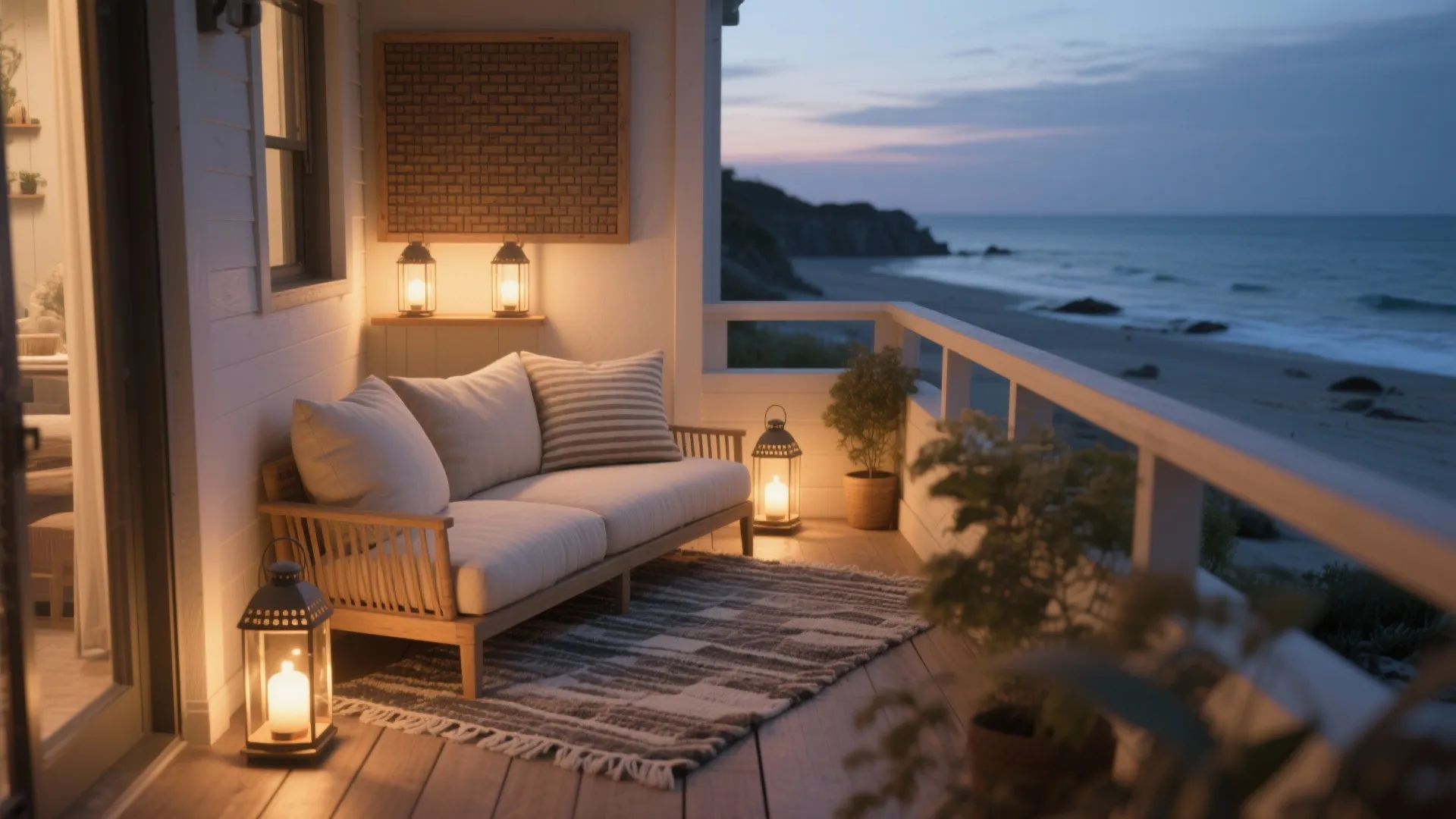 Soft layering: outdoor textiles, warm lighting, and acoustic calm