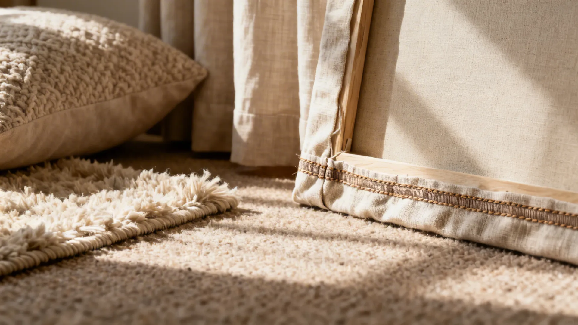 Macro of low-pile rug, linen-look curtain hem, textured pillow, and DIY fabric art.