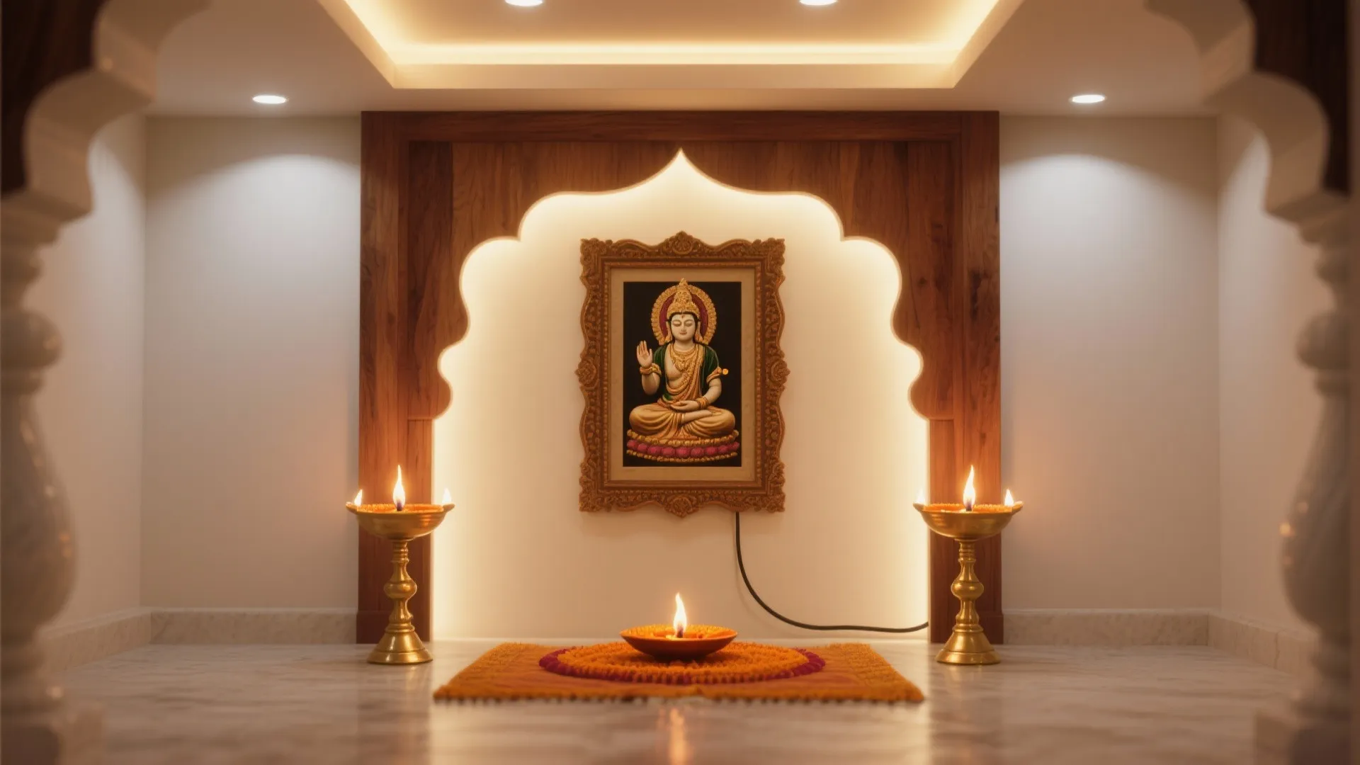 Modern prayer room with wood wall panel, gold oil lamps, warm lighting, and framed art