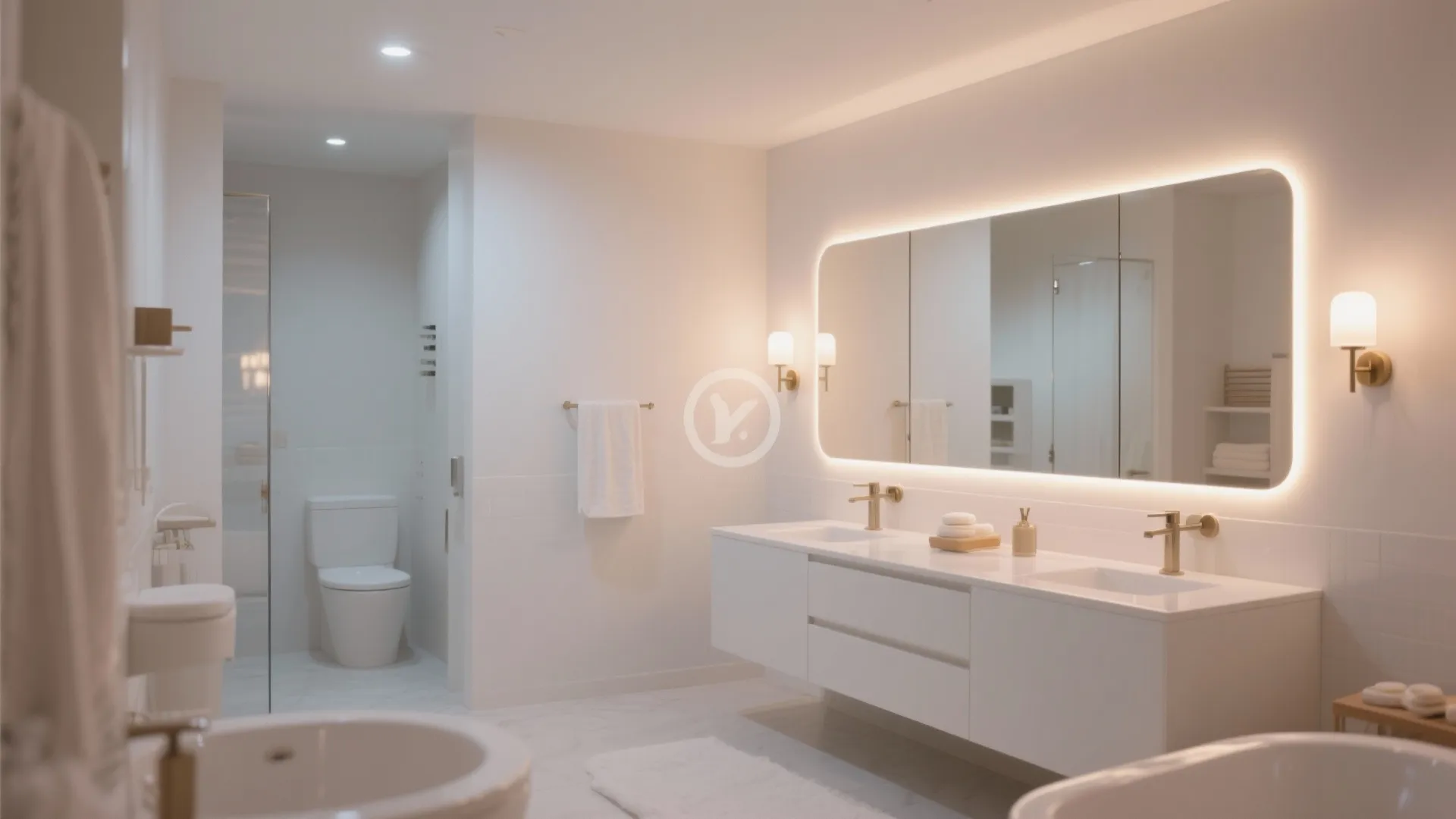 Modern white bathroom with double sink cabinet lighted mirror wall lights toilet and soft warm lighting