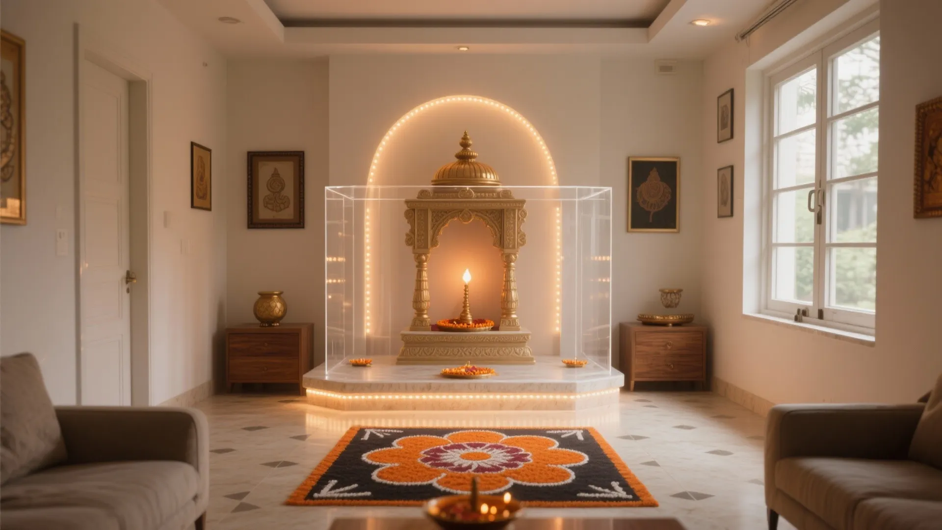 Modern prayer space with gold altar and soft lights between two sofas and white windows