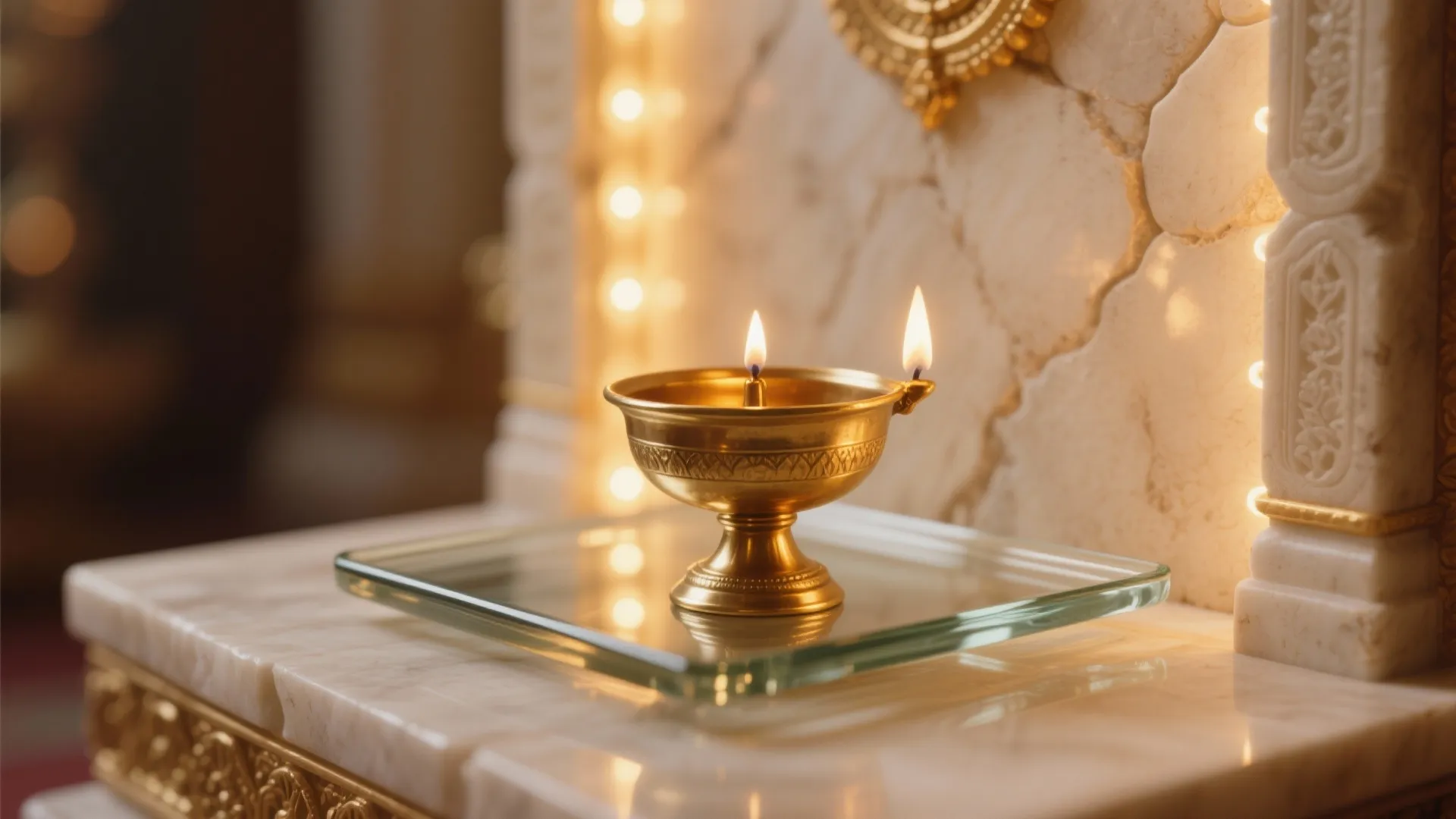Macro of a brass diya on a tempered glass tray with soft, diffused LED grazing a cream stone backer in a small mandir.