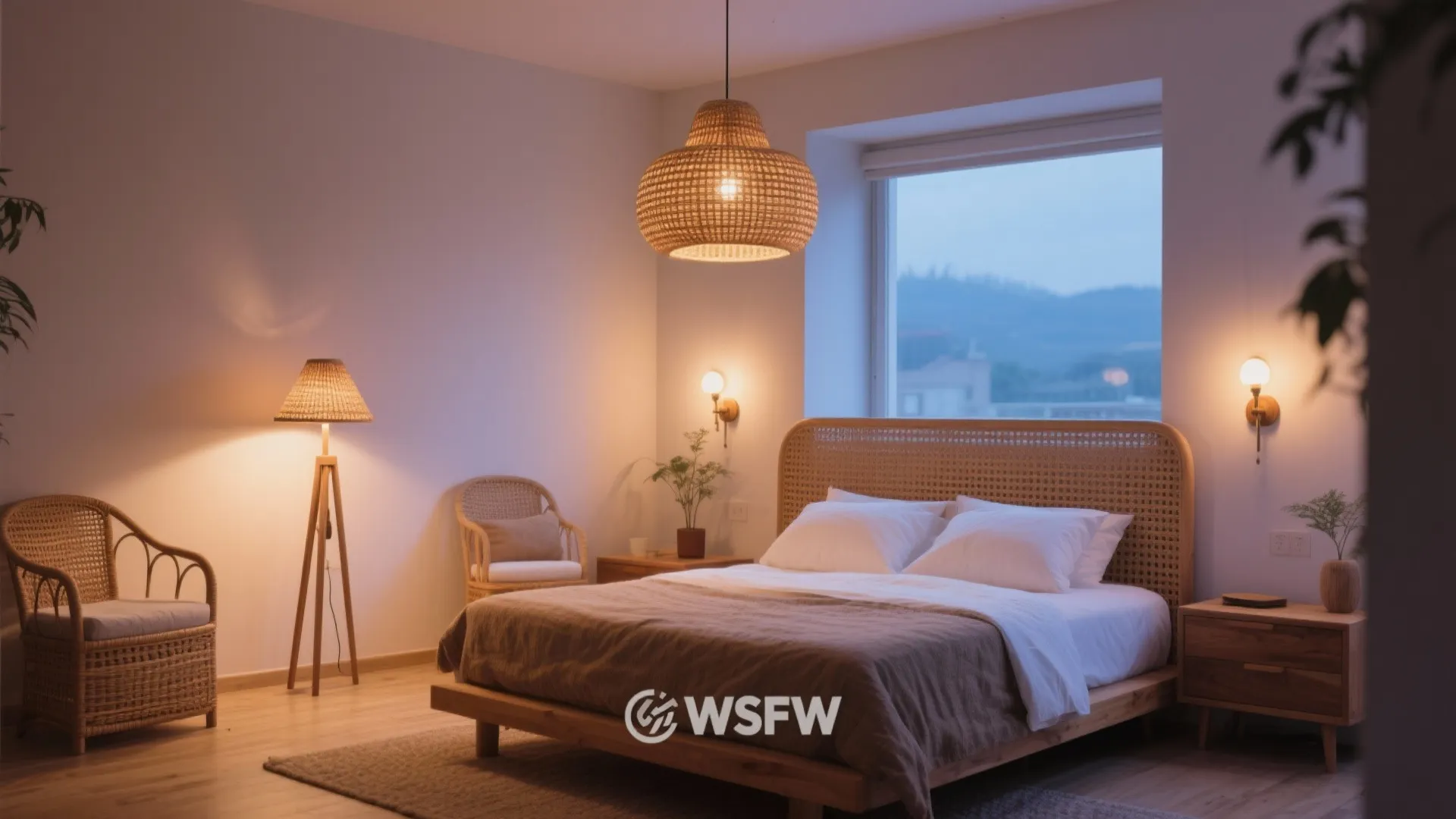 Bedroom lit with pendant, floor and wall lights creating warm glow