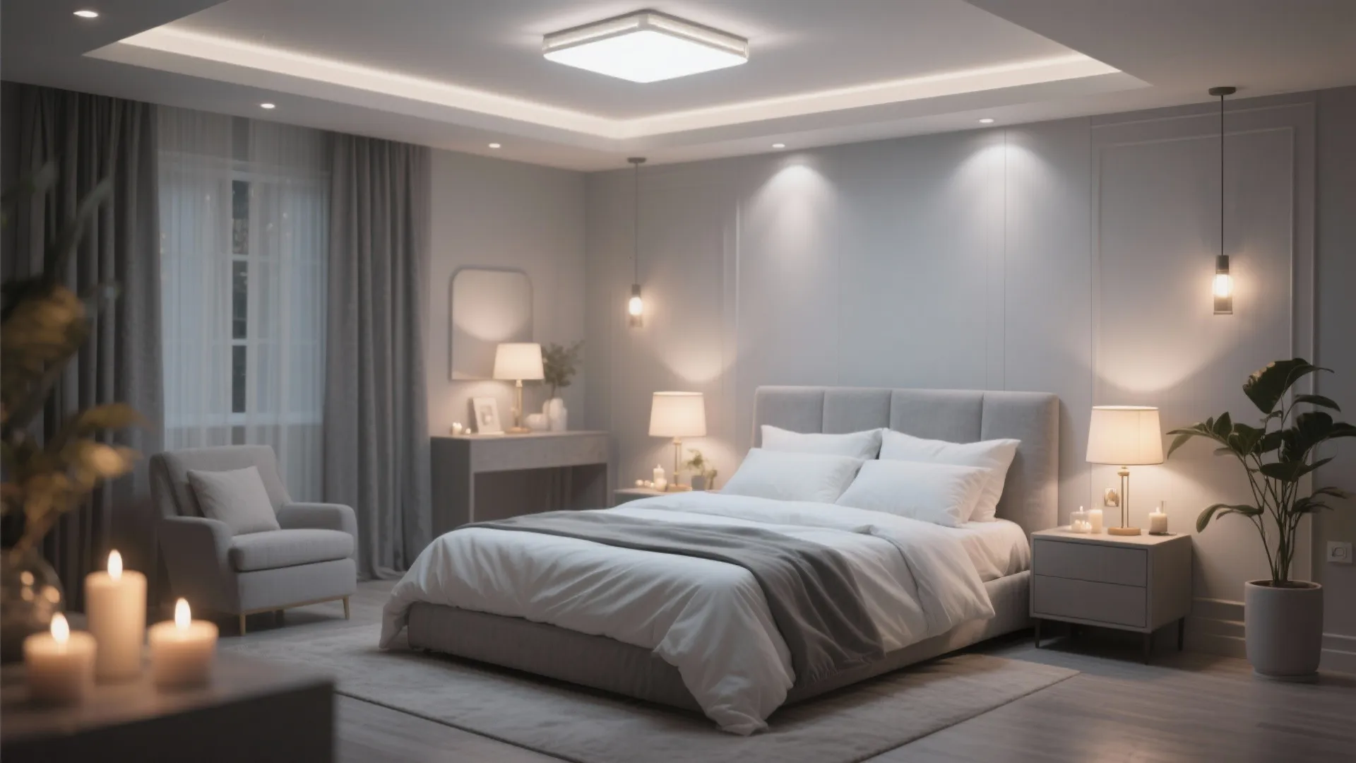 Modern grey bedroom with soft warm lighting from table lamps and candles near a large bed