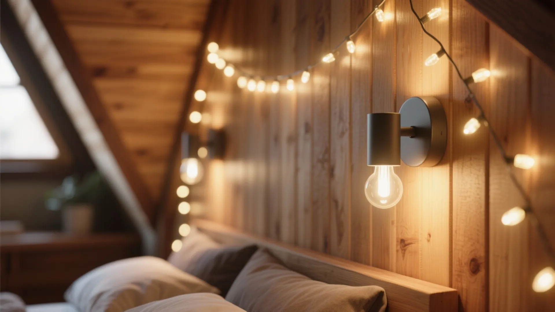 String lights and sconces casting warm glow on wooden wall
