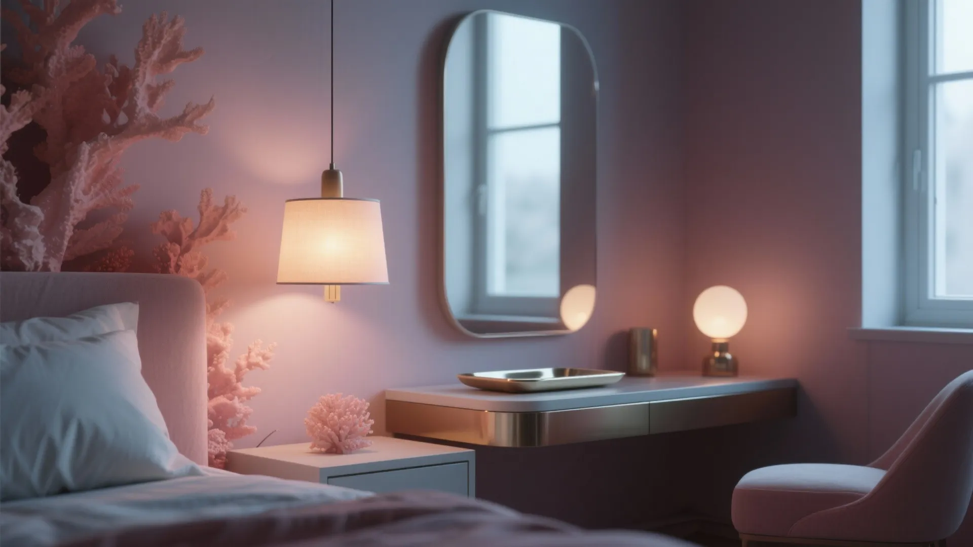 Soft warm lighting, pendant and mirrors enhancing coral tones in a small bedroom.