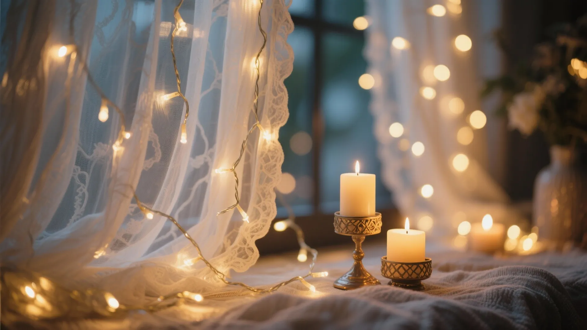 Fairy lights and sheer curtains with warm candle glow