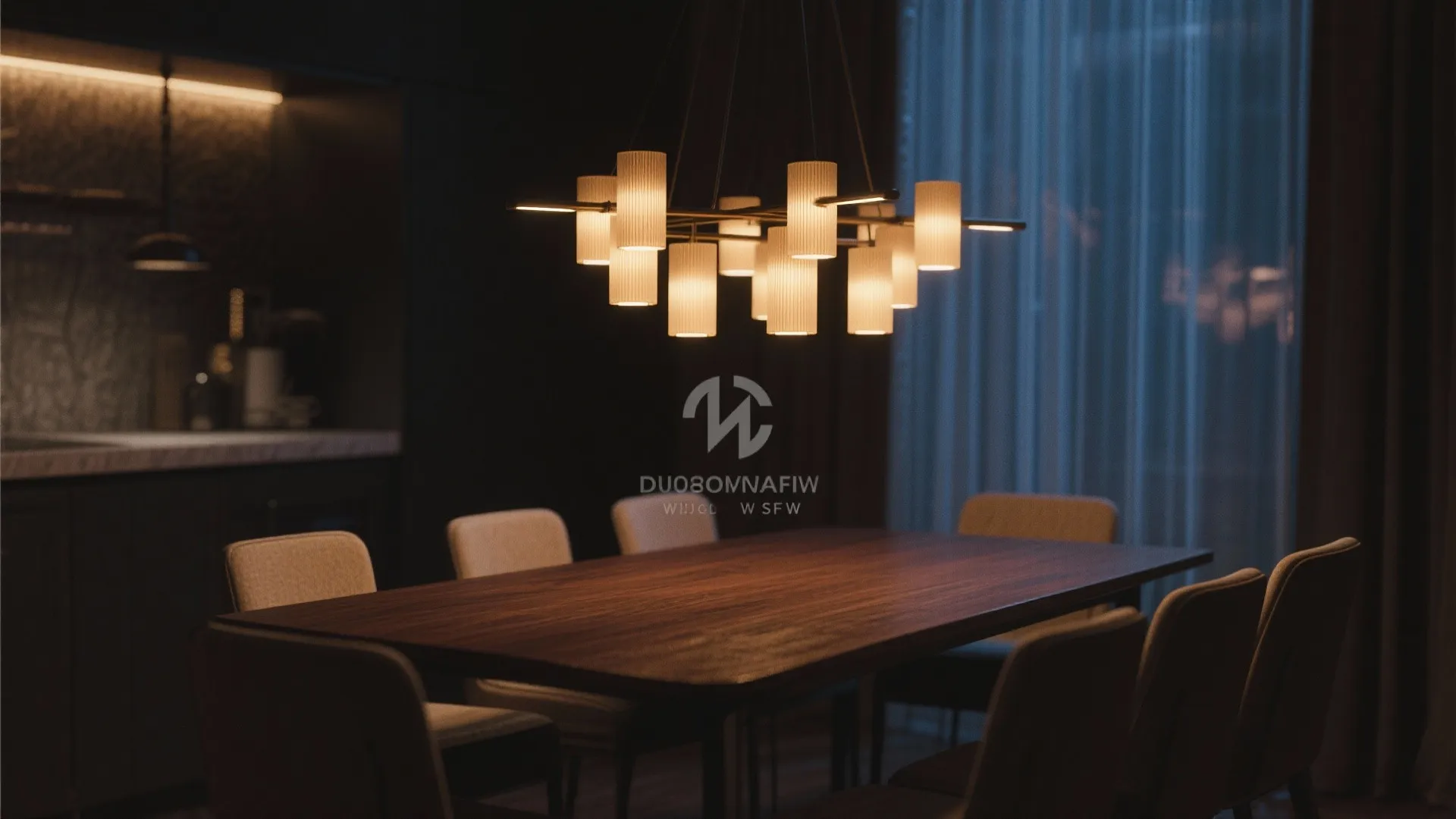 Modern dark dining room featuring a long wooden table with several chairs and warm ceiling light