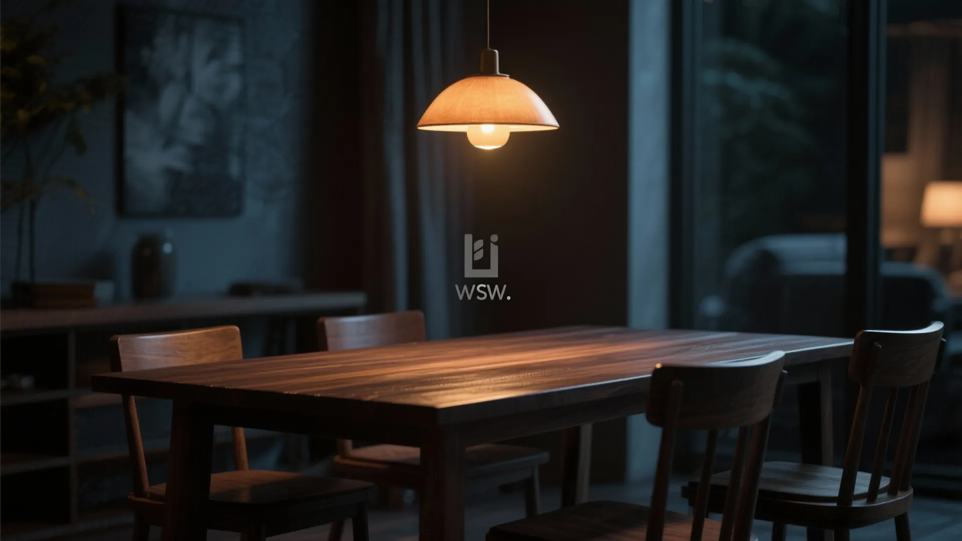 Warm ceiling light hanging over a dark wood dining table with four matching wooden chairs