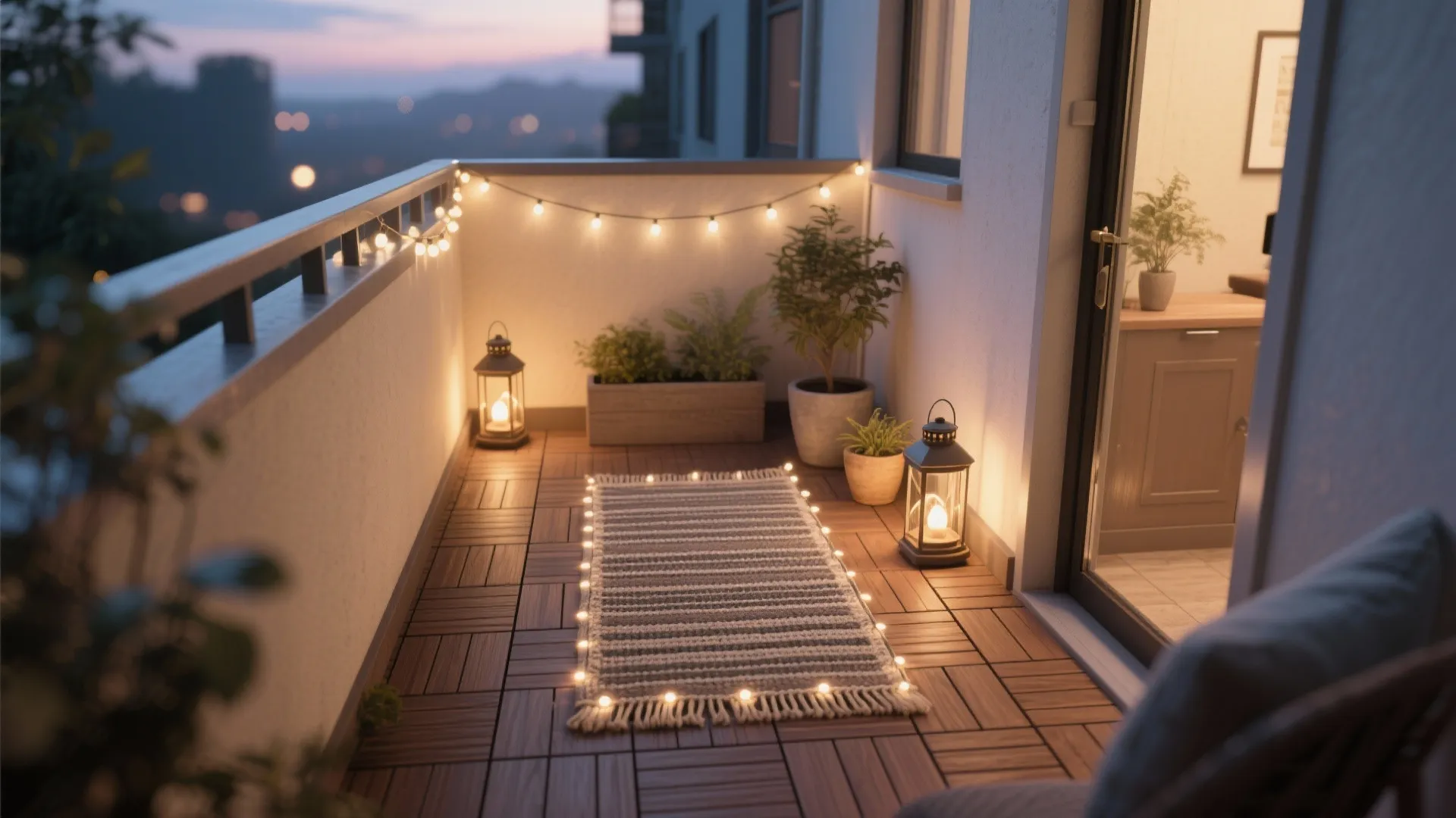 Cozy evening balcony with string lights wooden floor tiles small rug and potted green plants