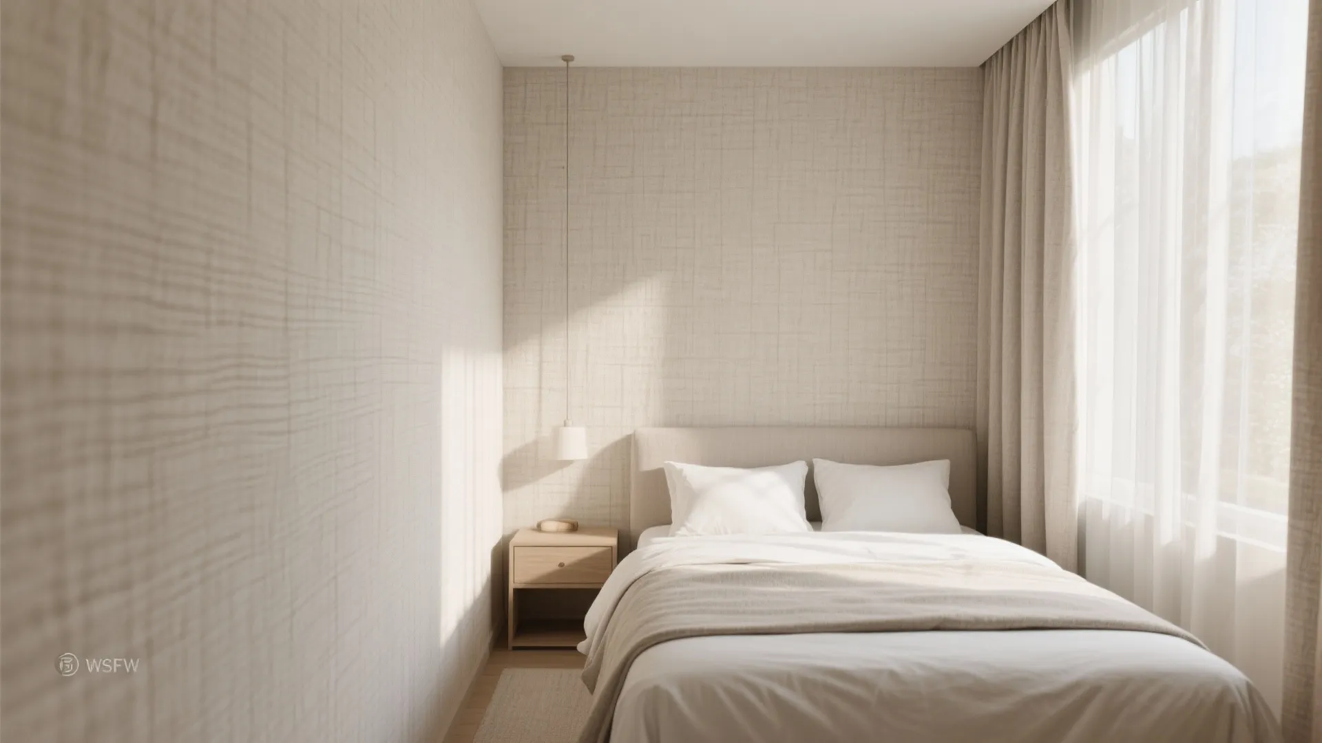 Minimalist bedroom with beige textured walls white bedding small wooden side table and natural light