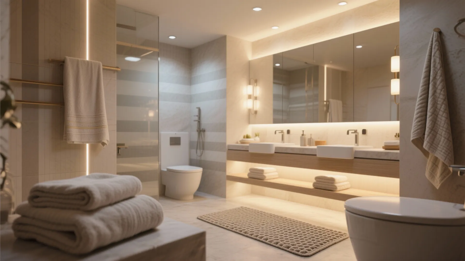 Modern bathroom with double sink vanity large mirror warm light fixture toilet and soft towels