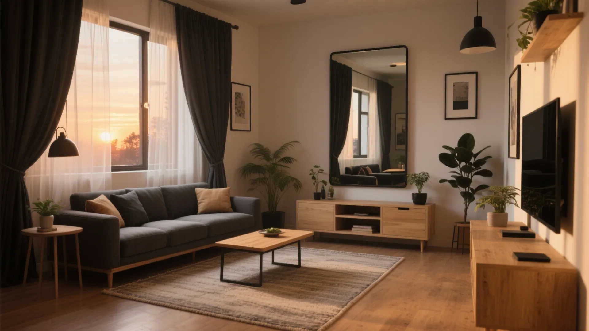 Modern cozy living room with grey sofa wooden coffee table large mirror and warm sunset light