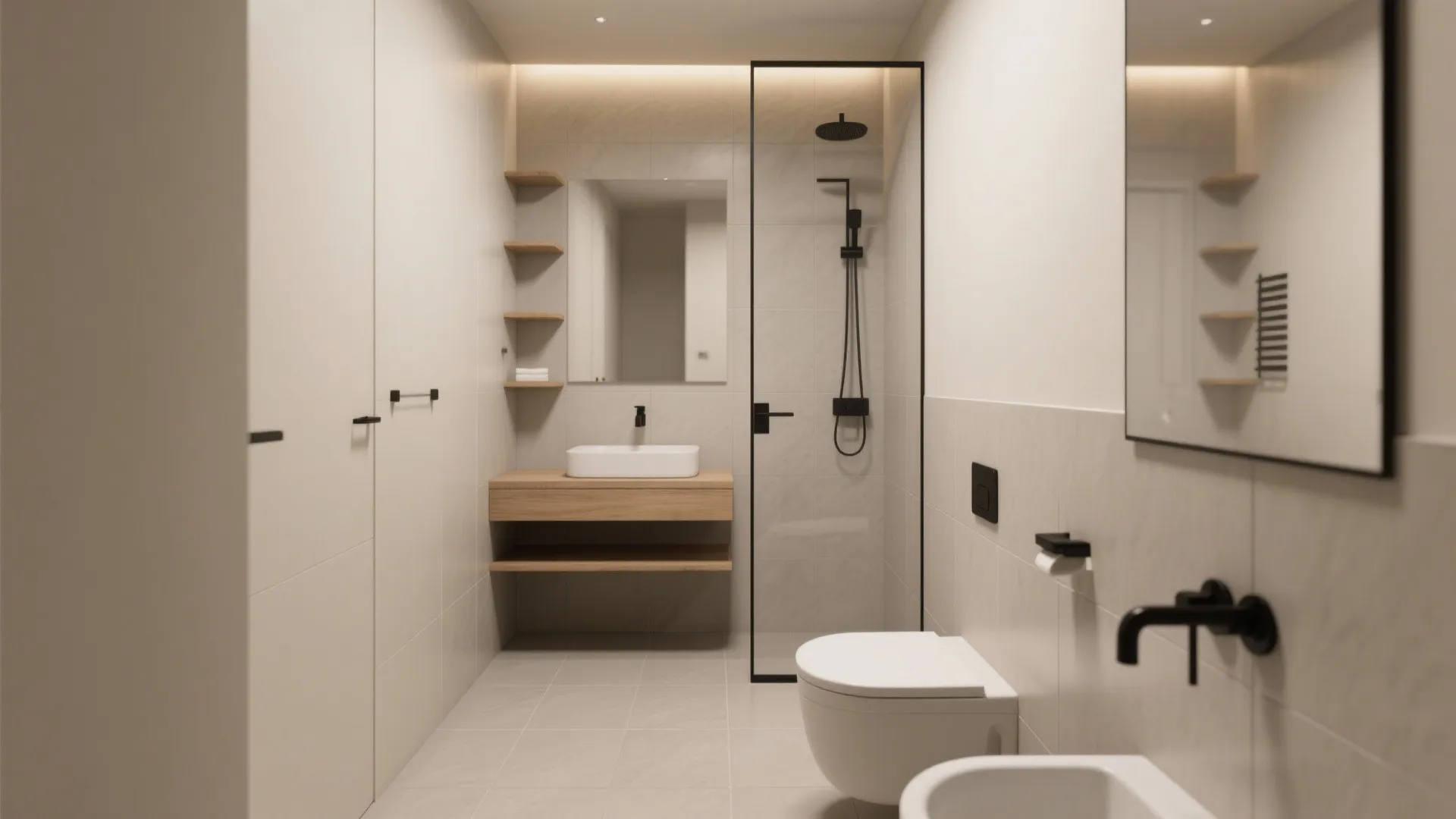 Compact ensuite with matte greige floor and lighter neutral wall tiles, black fixtures, and a calm tone-on-tone palette.