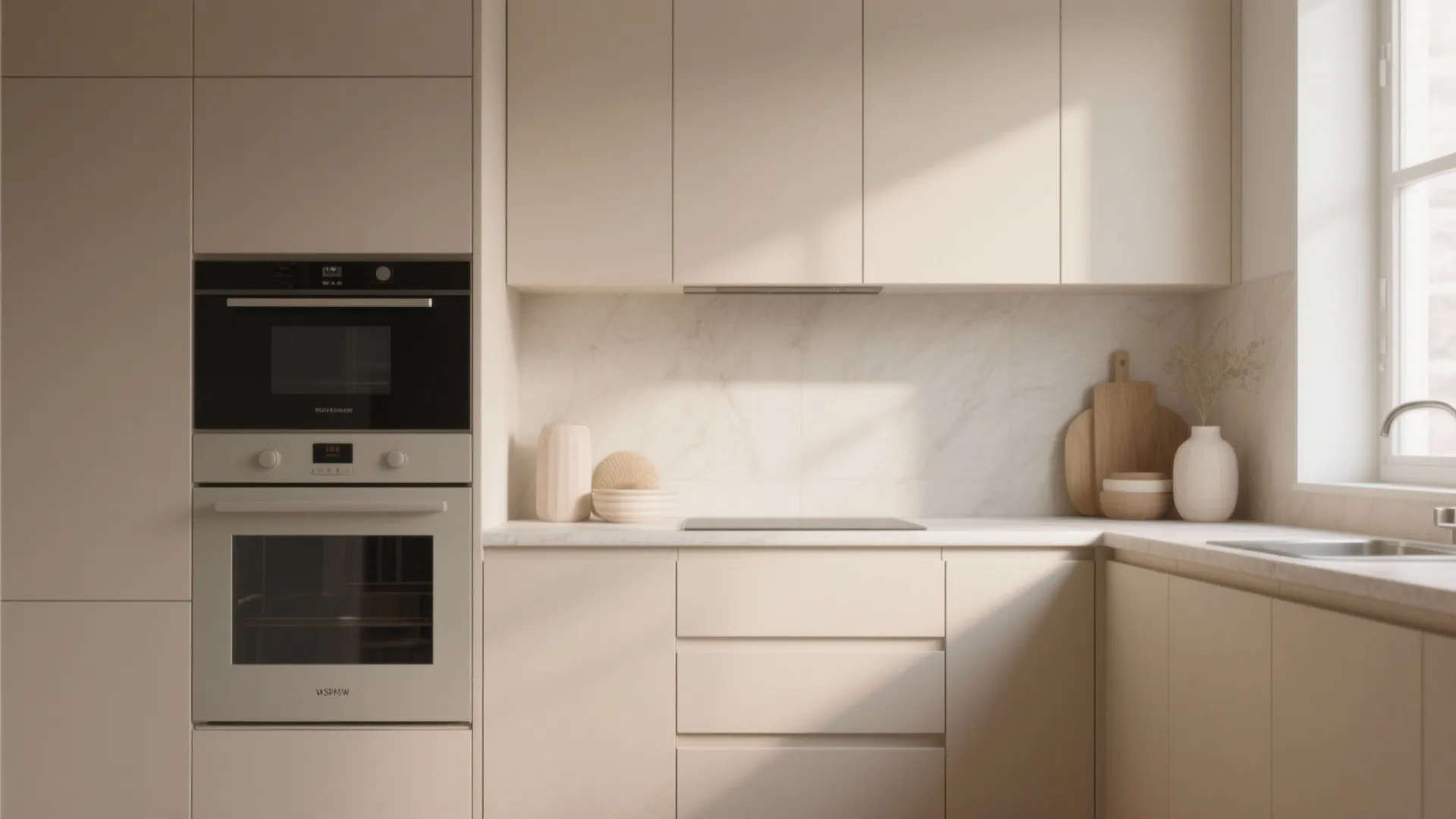 Compact kitchen with soft matte beige cupboards and minimalist style