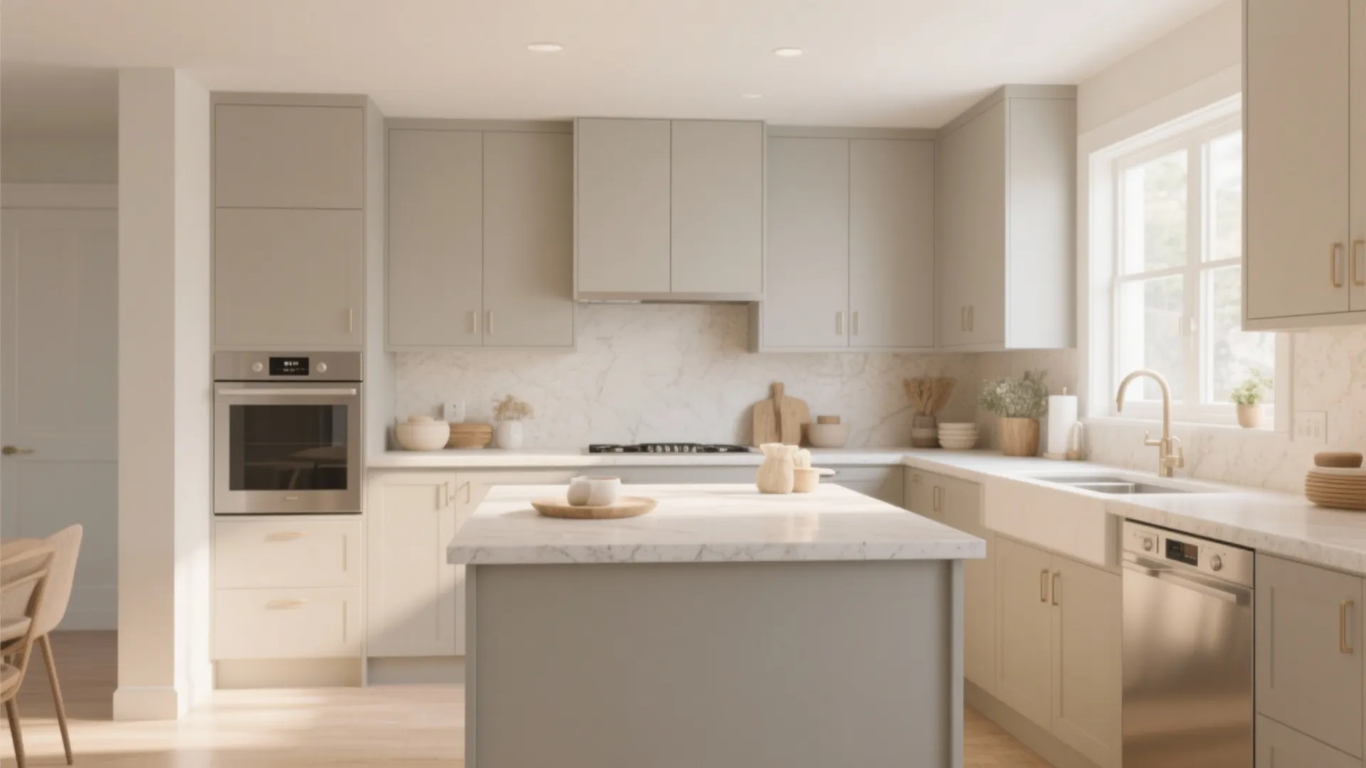 Modern cream kitchen with marble island beige cabinets built in oven and large bright window