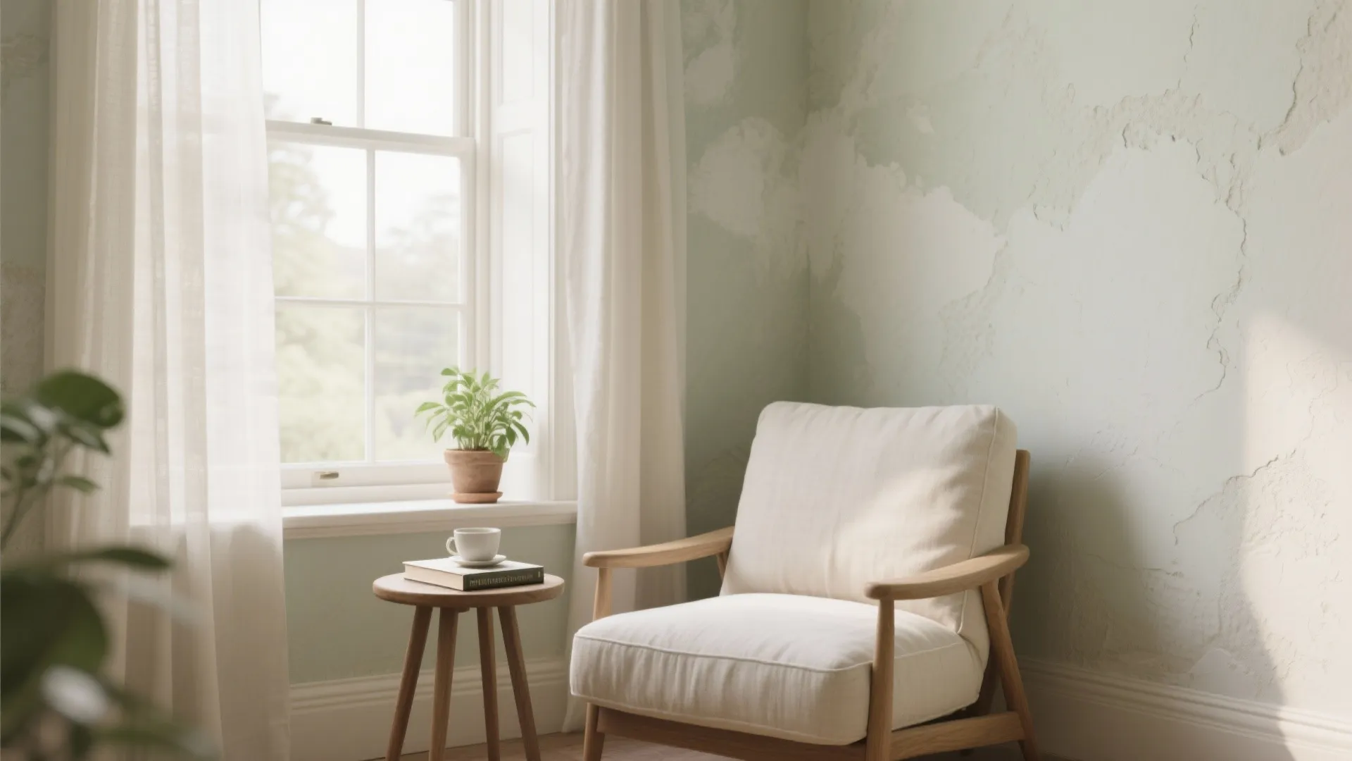 Minimalist reading corner with white armchair, small wooden table, light green walls, window, and plant
