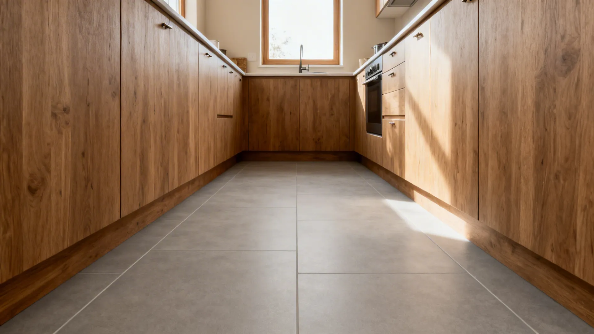 Light gray soft-matte porcelain floor in a small galley kitchen with oak fronts and minimal grout lines.