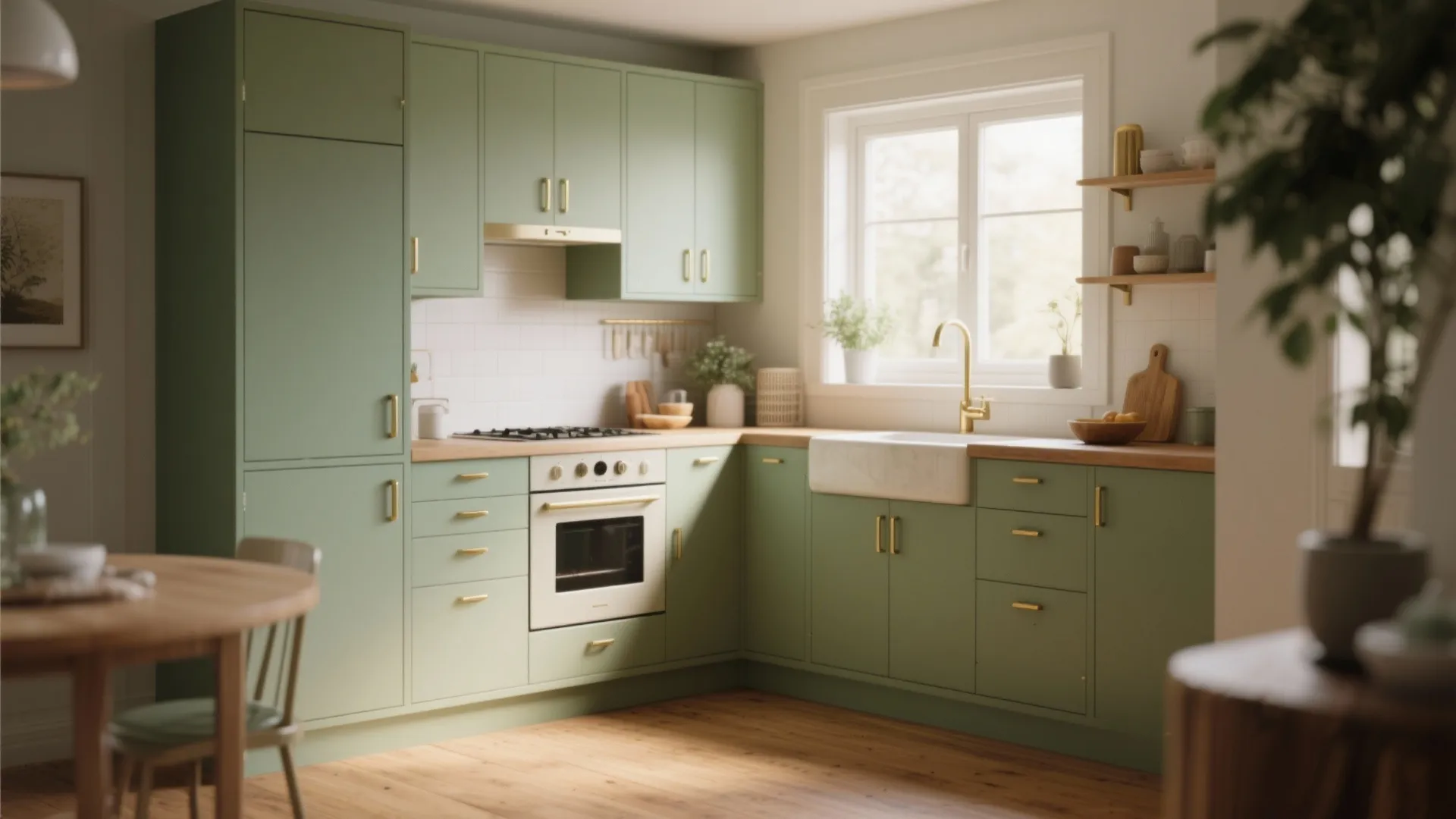 Modern sage green kitchen with wood countertop white wall tiles gold cabinet handles and natural sunlight