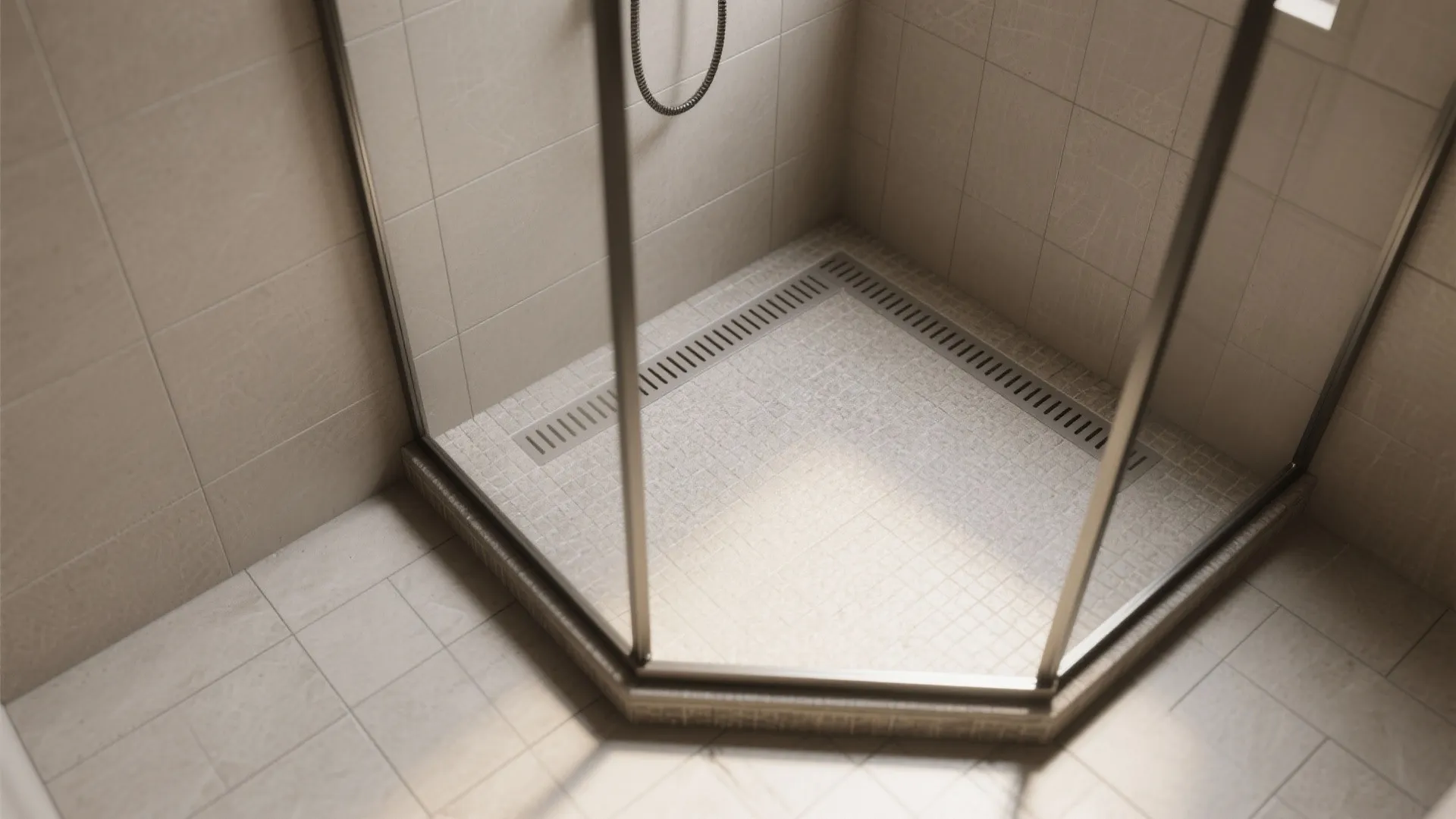Small shower with soft-matte porcelain mosaic floor, warm gray grout, frameless glass, shown in soft daylight.