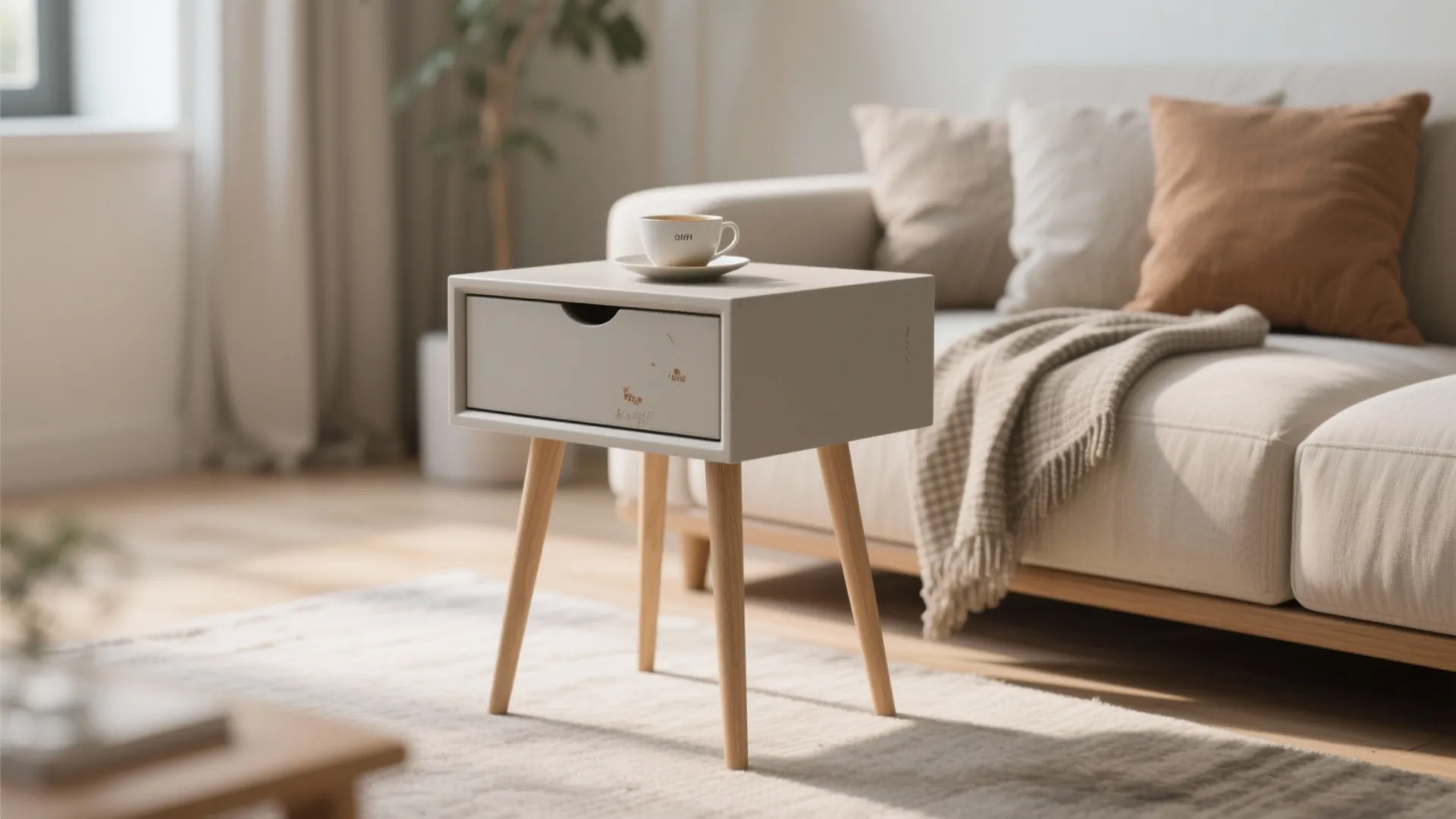 Modern living room side table with a soft matte painted finish showing minor scuffs and a touch-up area.
