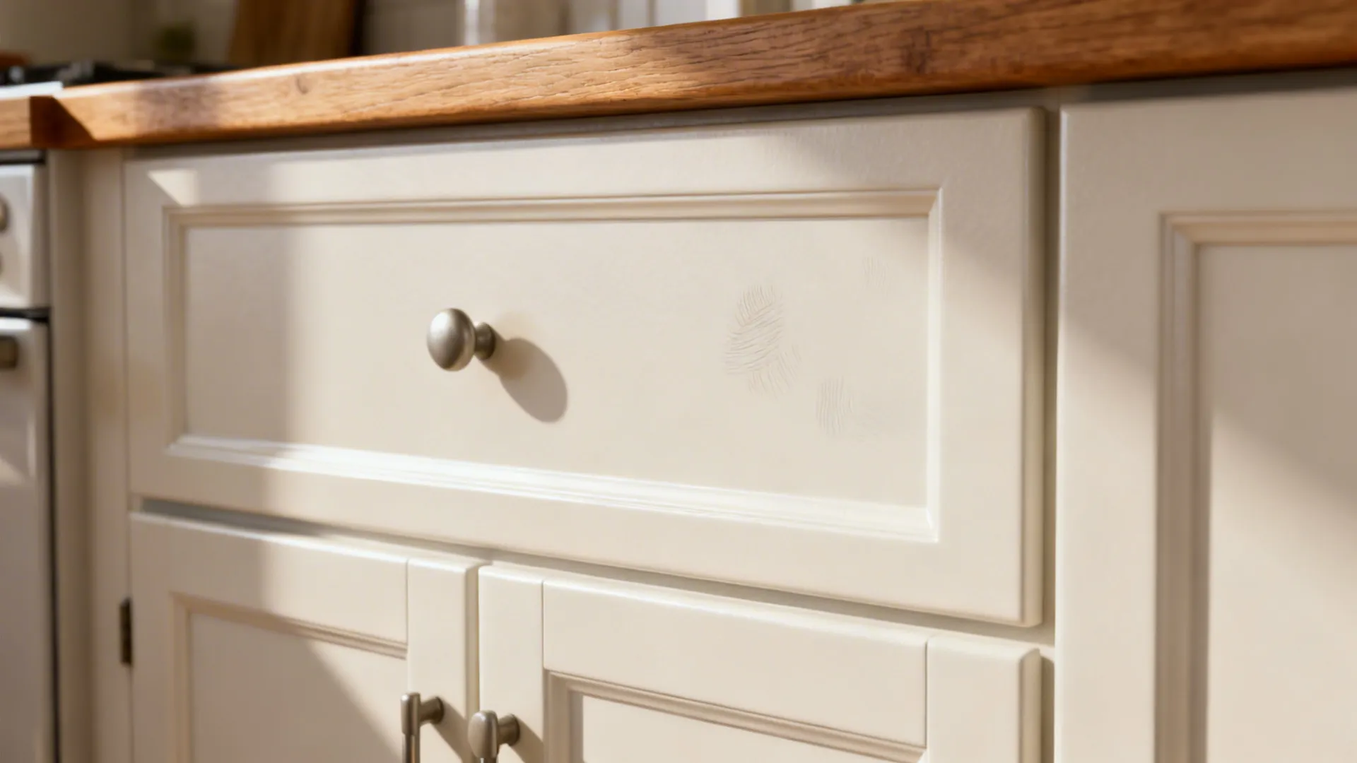 Close-up of soft matte white kitchen cabinet doors with warm undertones and wood countertop edge.