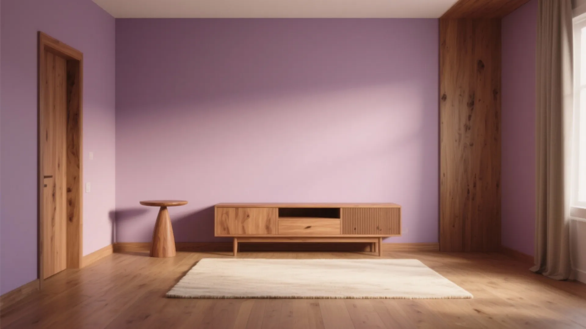 Purple wall living room featuring wooden cabinet, small side table, white rug, and wooden floor boards