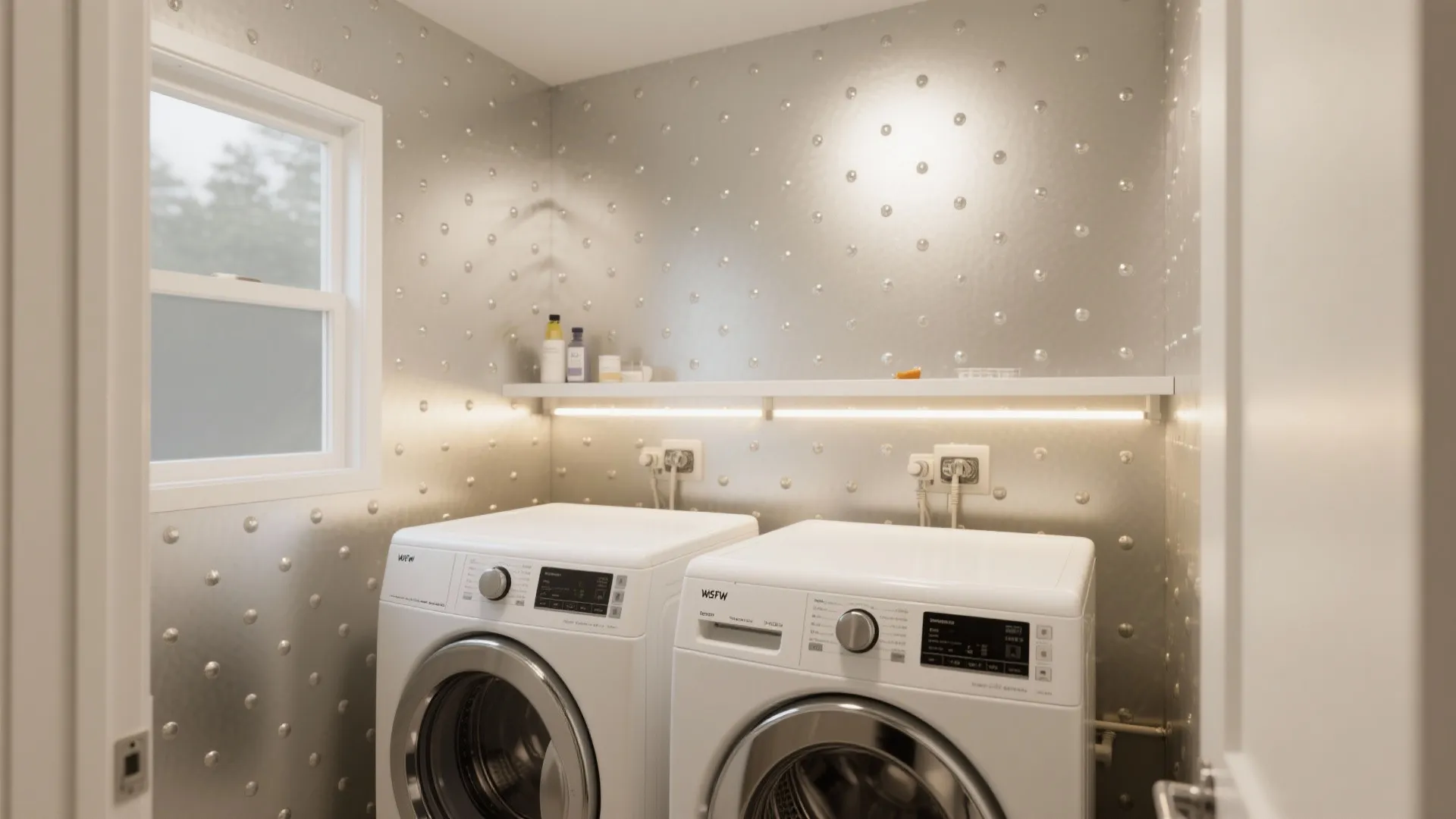 Modern laundry room featuring two white washing machines silver dotted wall panel and white shelf
