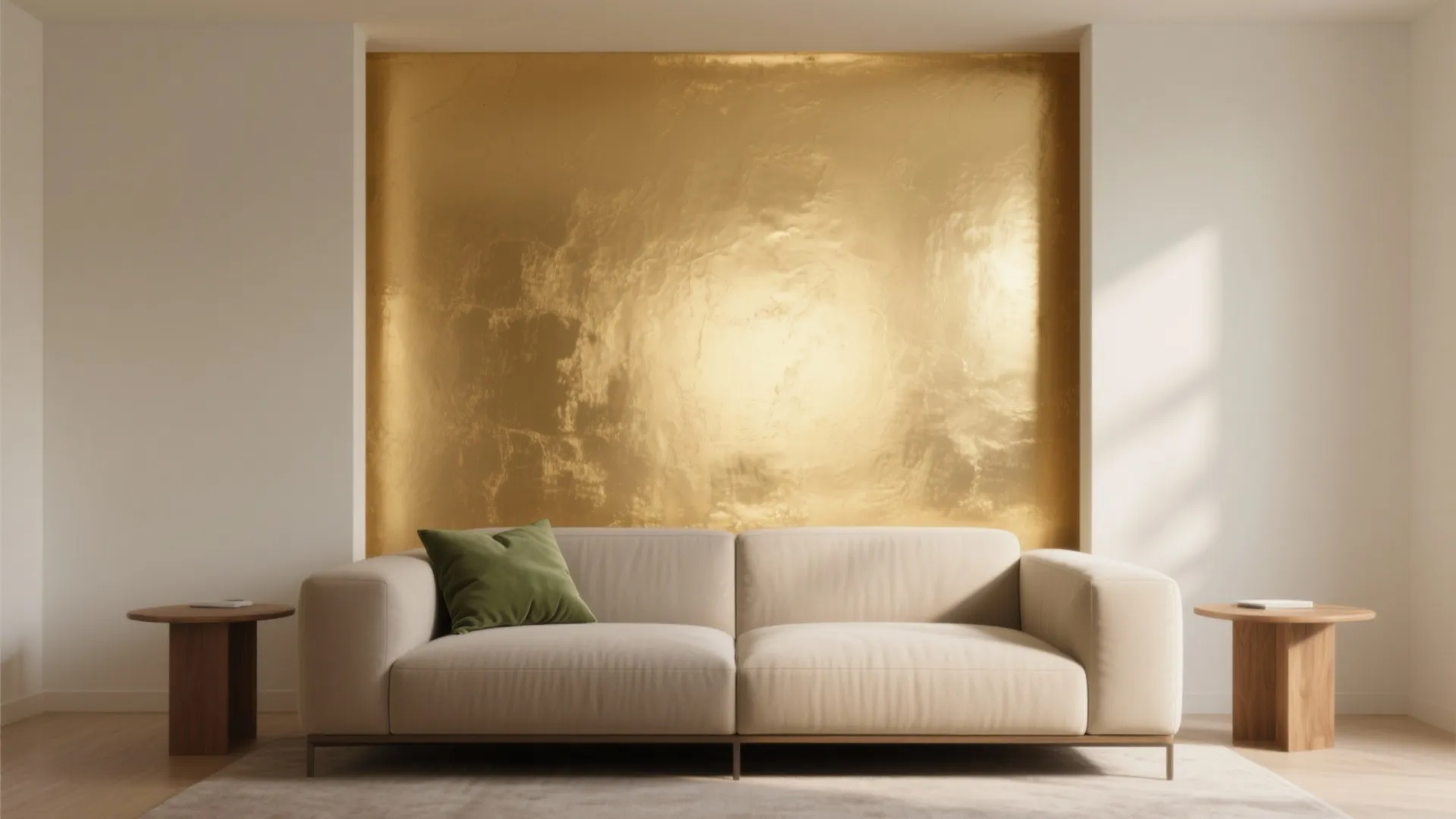 Living room with a single low-sheen metallic gold accent wall behind a sofa and emerald accents.