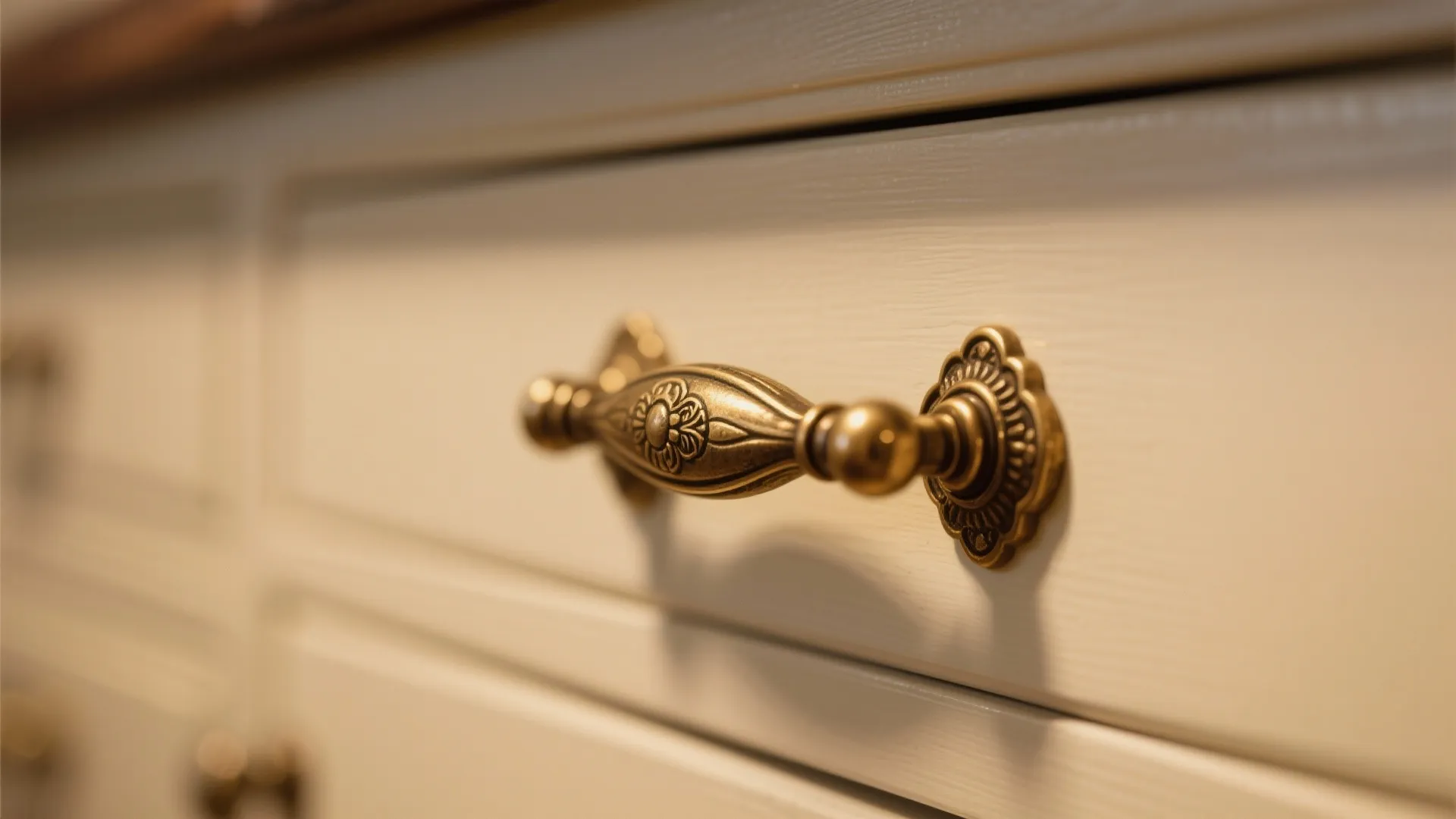 Antique brass drawer pulls on cream cabinet