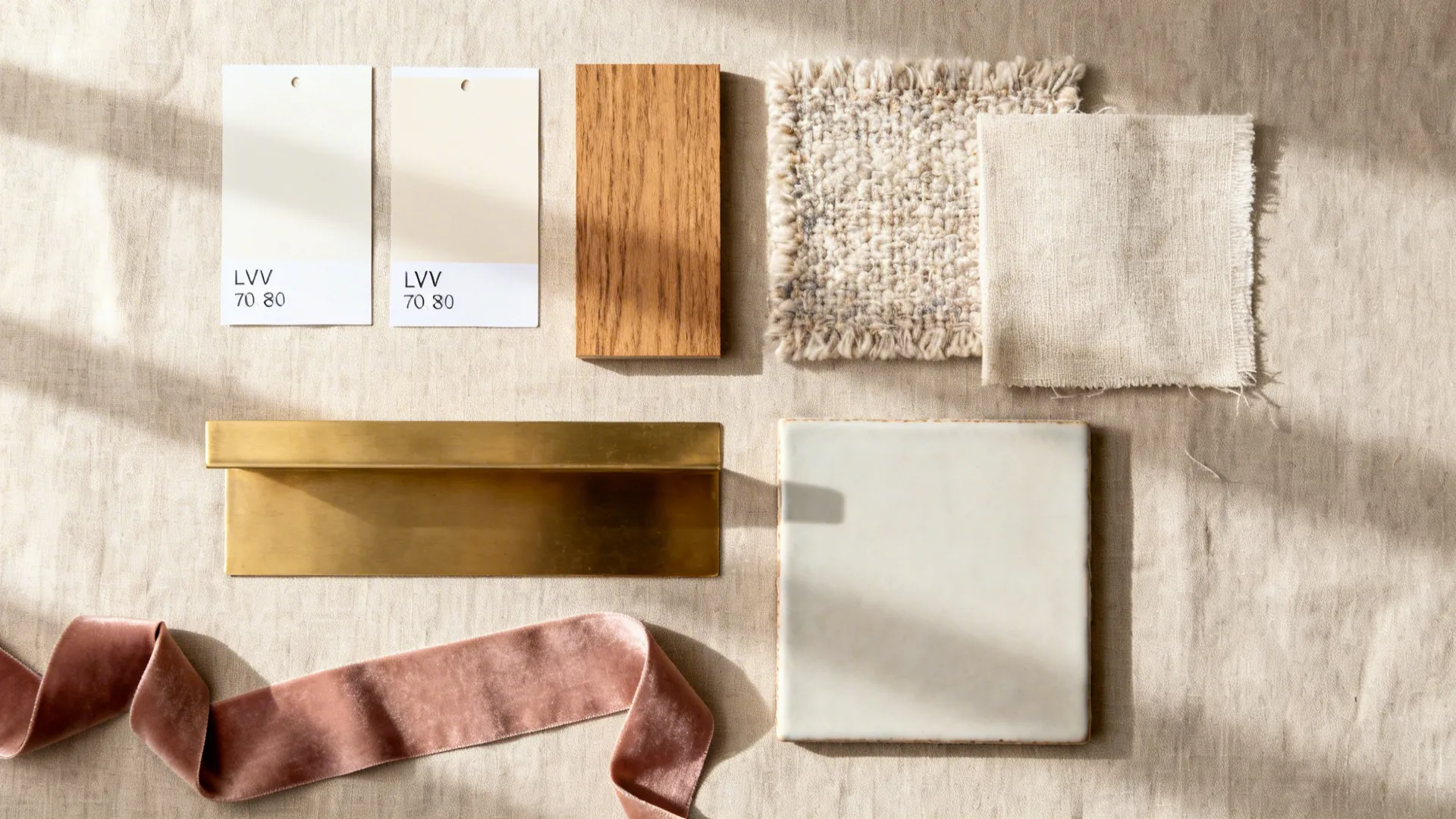 Interior design mood board with wood samples fabric swatches color cards and a pink ribbon