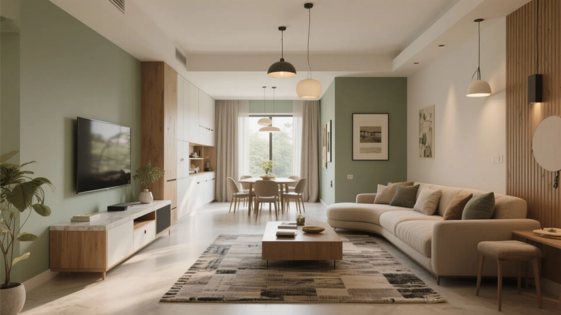 Modern living room with green walls curved sofa wooden coffee table and hanging ceiling light fixtures