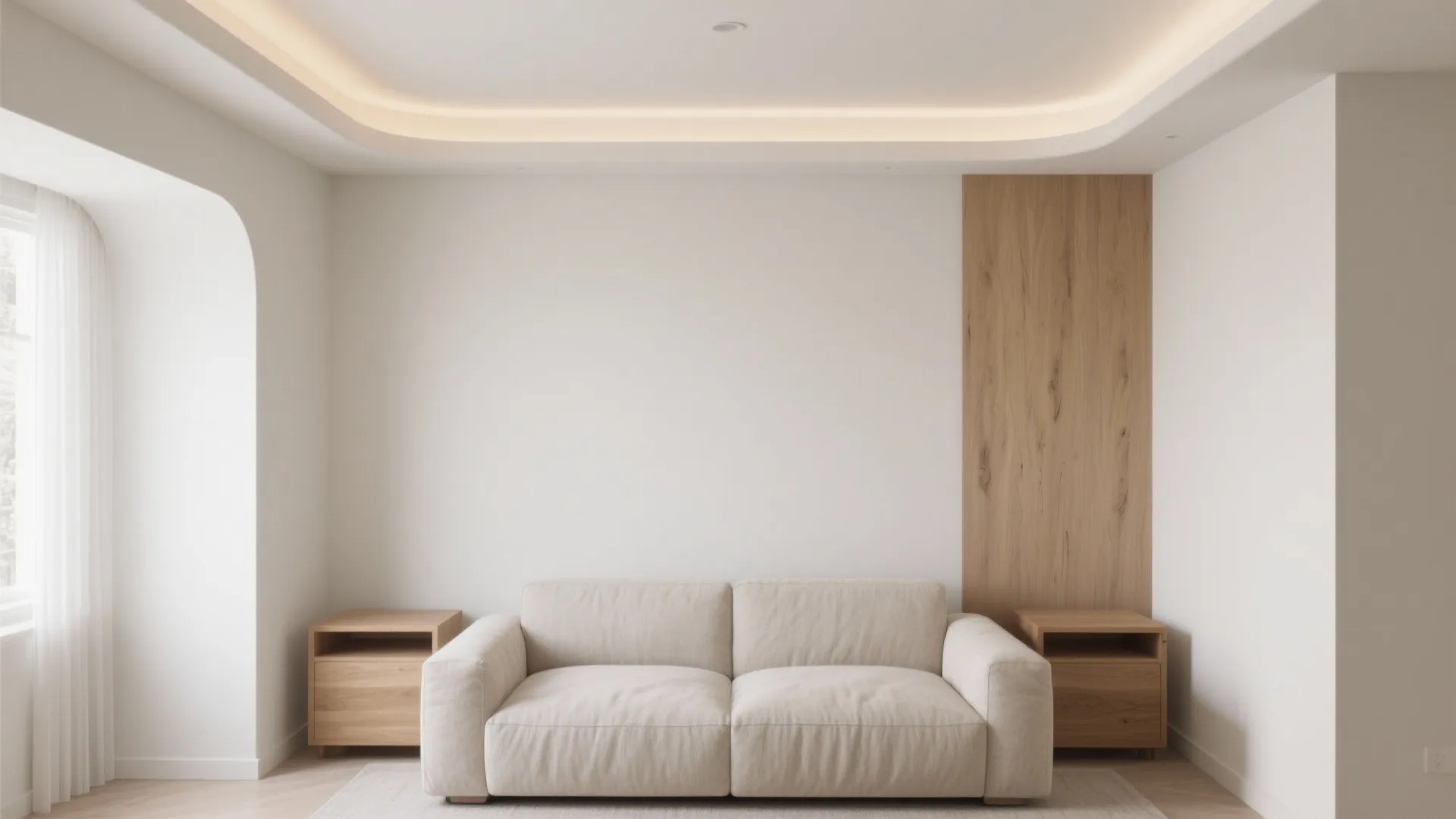 Minimalist living room featuring a cream sofa two wooden side tables and a curved ceiling light