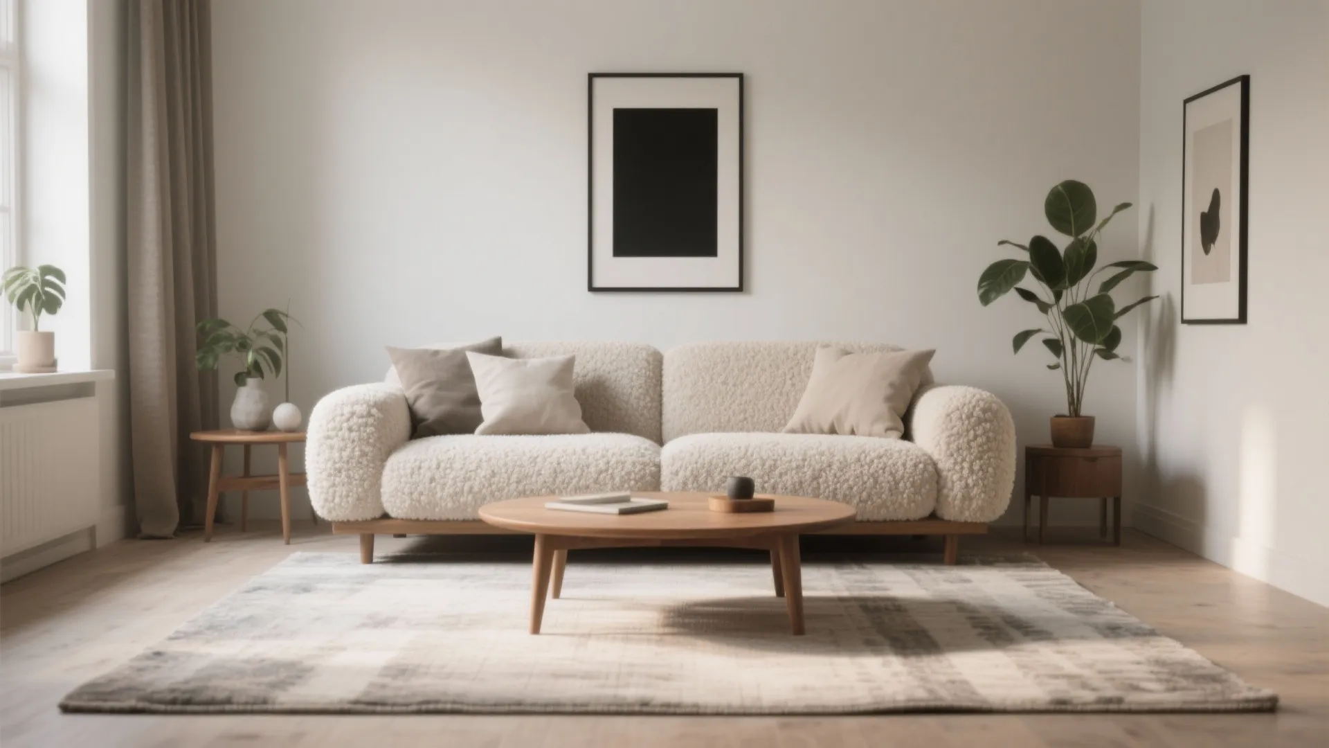 Soft minimalist living room with bouclé sofa, warm wood, and low-contrast neutrals.