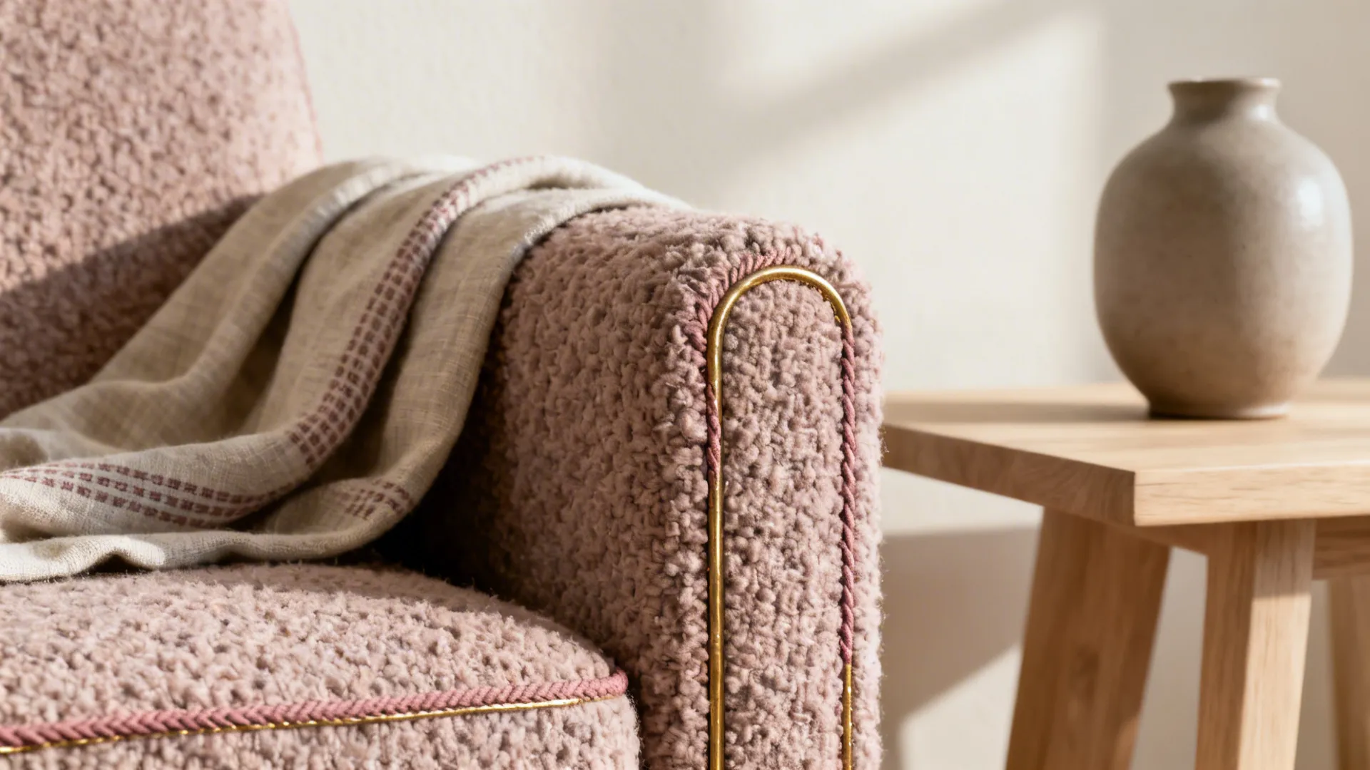 Pink textured chair with beige blanket next to wooden side table and round ceramic vase