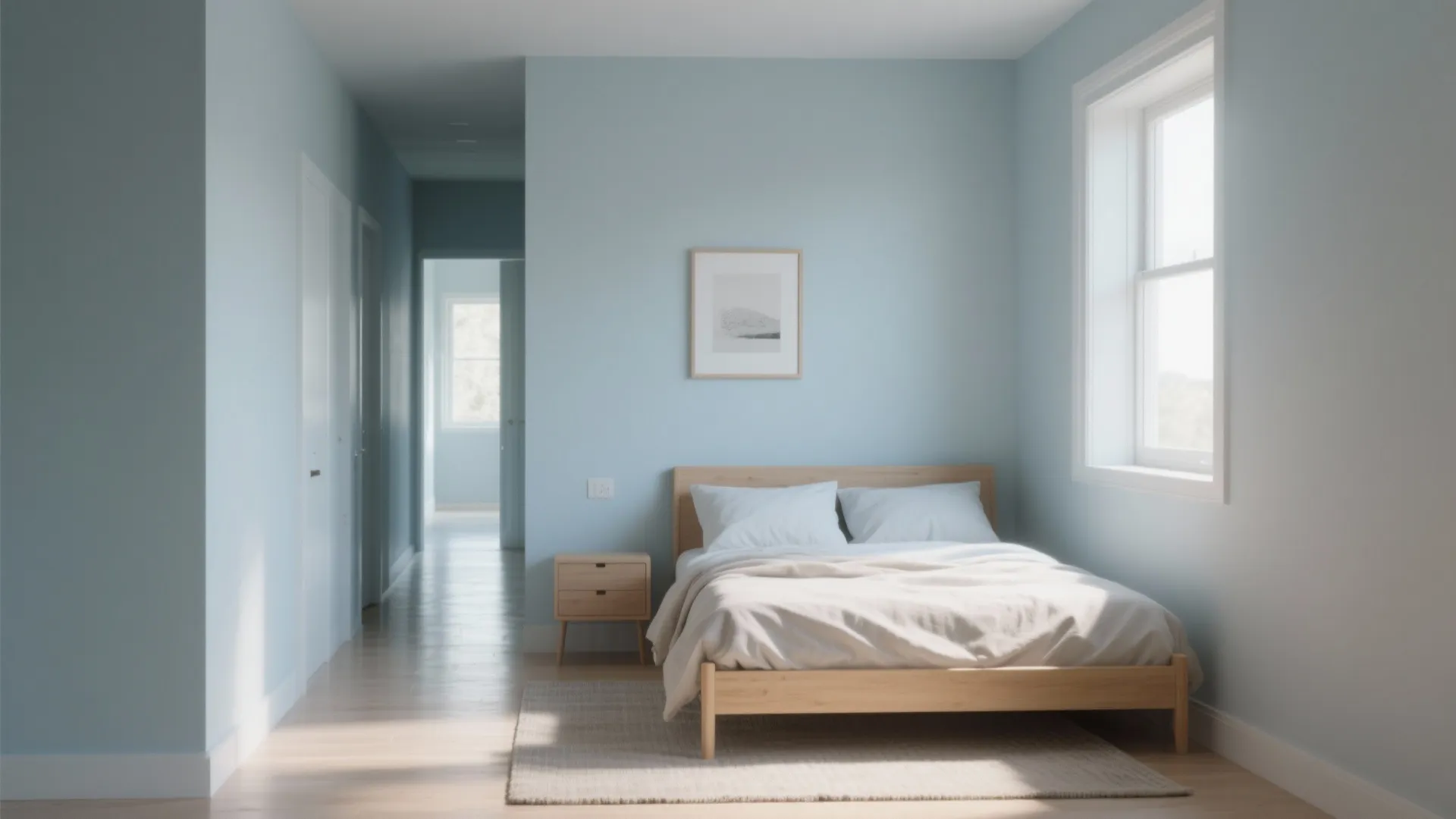 Small bedroom painted in pale Soft Mist blue-grey with light wood furniture and linen textiles.